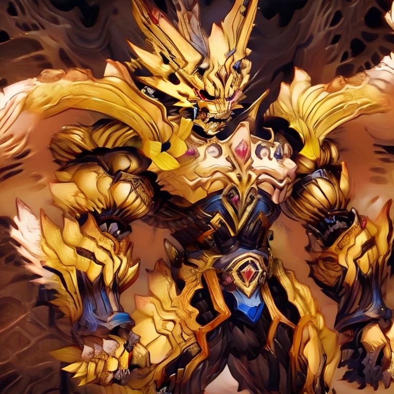 Zeraora's giant robot. (masterpiece, best quality, detailed:1.2) (Pokémon) Powered exoskeleton with the same design as Zeraora big muscle, GIANT, pecs, triceps, traps, waist narrow. bulge in the crotch, with huge golden laser sword, body full of huge muscles. also have a cloak on my back. The cloak is so long that it touches the ground, showing off muscles, mechs, Correct limbs, detailed full body, Very muscular, Large pecs, Heavyweight, Bodybuilder figure, Wearing cyberpunk mecha, big bump, sparkling skin, Vibrant colors, 4K, realism, Don't stray too far from Zeraora's design, Furry Heroes, Main is yellow COLOR, have big wings.


