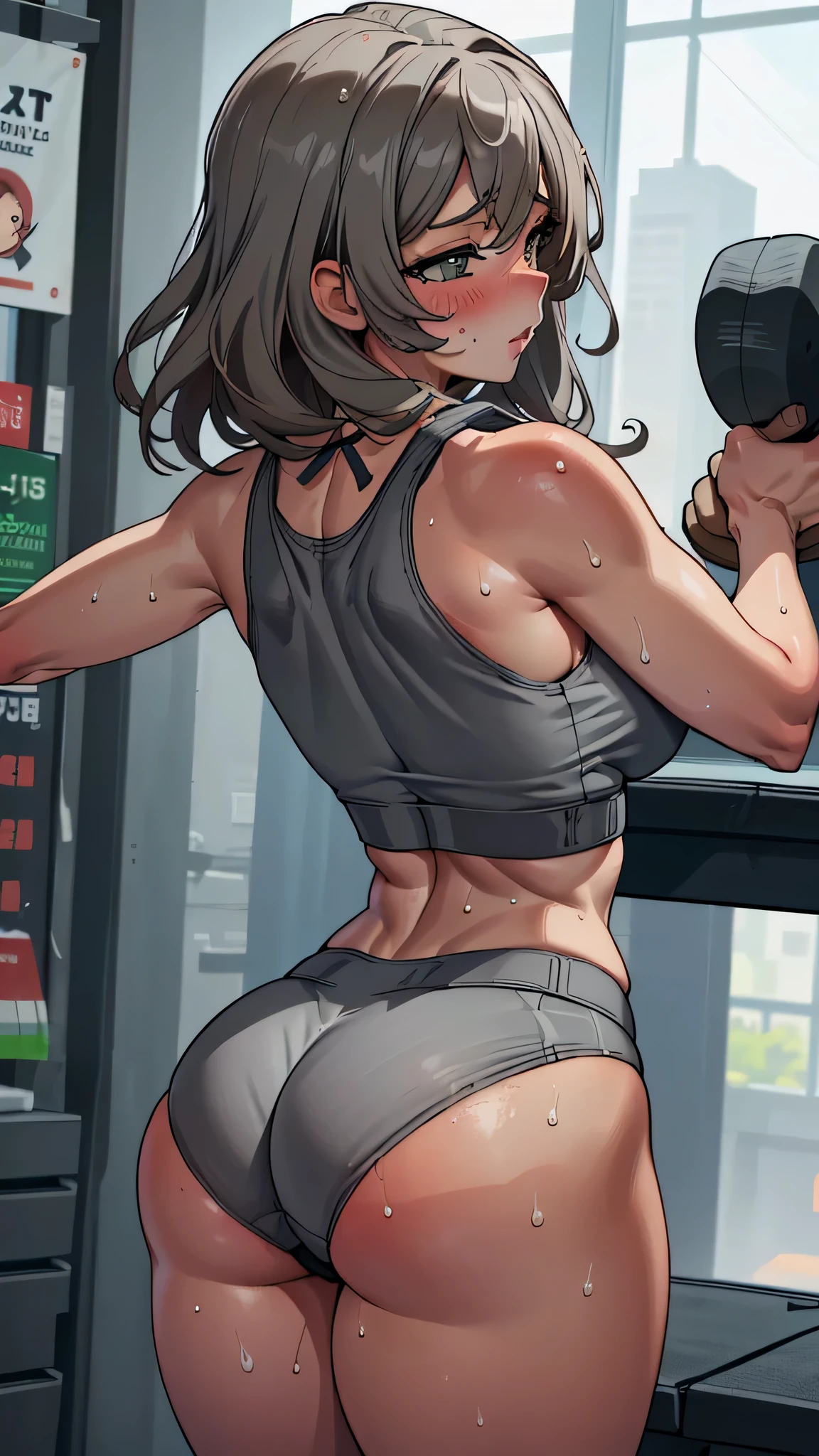 (melhor qualidade:1.3), (qualidade 4K), lisarnd, 、(((blush))),(Sweat), sexy pose, thicc thighs, huge breasts, (((((A Gray sexy Sports Bra)))))、(((Gray  micro sports panties))),  spreading legs, perfect anatomy, good anatomy, good composition, armpits, sweating, Mom, milf, thicc thighs, lubricant skin groin area, oily skin, red armpits, sweat armpits,    (((posterior view))、from behind、backs、((Standing))       