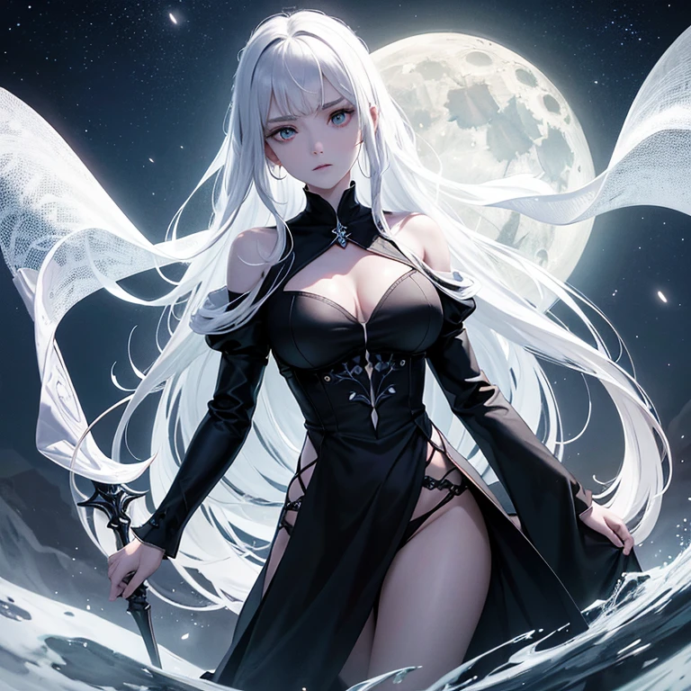 Moon, tall and wise woman, shrouded in mystery, gracefully stood on the endless shore of the black ocean. Her pale silhouette was illuminated by moonlight. She held an ice sword in her hand, like a work of art. Her face, full of expression and depth, it looked like a silhouette, emerging from the center of darkness. Her eyes are the reflection of the moon, reflective awareness of suffering. There is a clearly visible scar on one eye. Her thin eyebrows add emphasis, and long, flowing bright silver hair, falling over the shoulder, contrast with the dark background. She was dressed in a male pirate captain's outfit. A silver ring sparkled on her finger.