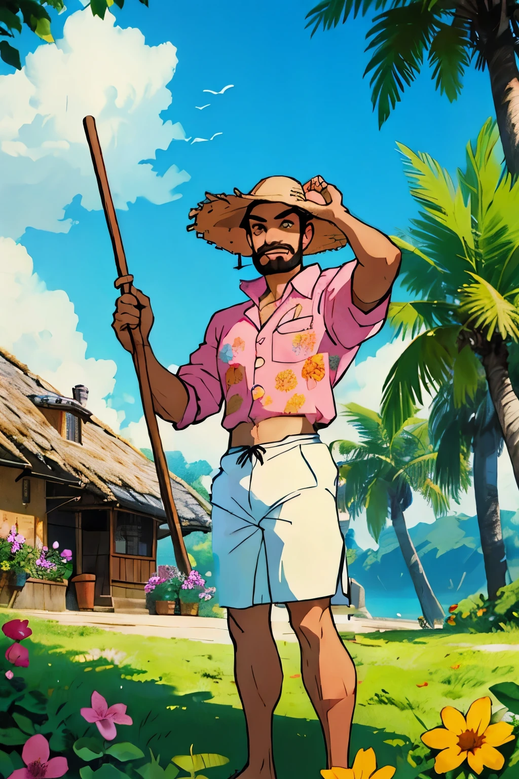 A cartoon man with a straw hat and a stick in a field - SeaArt AI