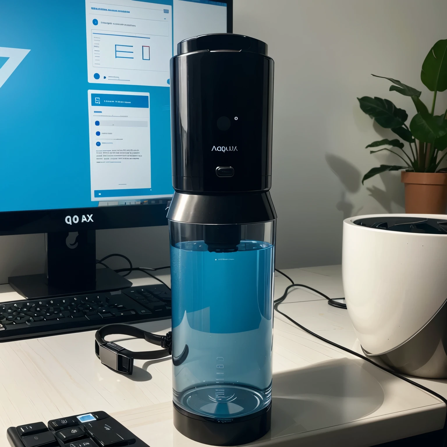 AQUATEMPX, a vacuum-sealed water bottle with a small computer monitor on the body that controls the internal temperature, features small up and down arrow buttons below the monitor. This design is presentable to everyone.