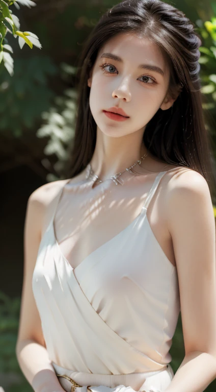 "Generate a high-quality image featuring a brunette woman with a darker hair tone, adorned in an elegant white dress cinched with a belt that accentuates her slender waist. The impeccable application of her makeup should highlight her features, contributing to an overall glamorous and sensual appearance. Carefully arrange the lighting to play with shadows and highlights, adding depth and sophistication to the composition. The woman, posing in a way that exudes feminine allure, should be the focal point, with the background artistically blurred using techniques like soft bokeh. Employ a skillful use of camera effects and a refined color palette to create an aesthetically pleasing and sensually captivating image."