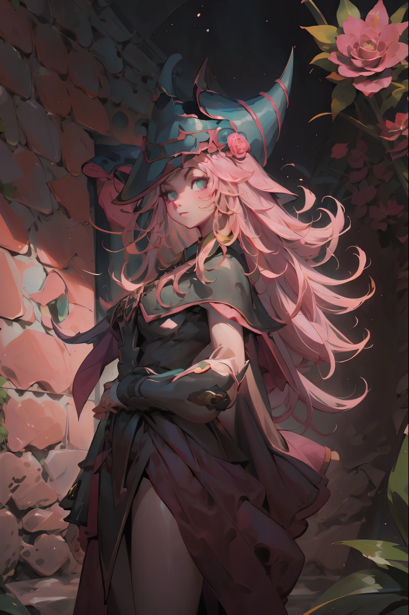 Hermosa dark magician gils. Joven con cabello corto y rubia. Ojos verdes. Labios rosados. She is in a garden of red roses. Rosas rojas la rodean. Pose  y inocente. Fondo de rosas rojas y lluvia 