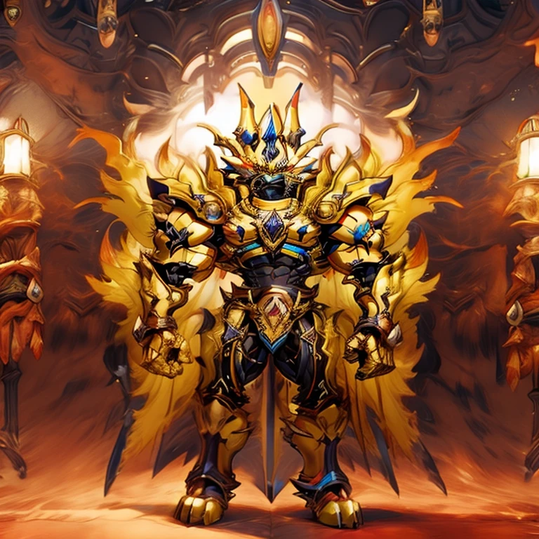 Zeraora's giant robot. (masterpiece, best quality, detailed:1.2) (Pokémon) Powered exoskeleton with the same design as Zeraora big muscle, GIANT, pecs, triceps, traps, waist narrow. bulge in the crotch, with huge golden laser sword, body full of huge muscles. also have a cloak on my back. The cloak is so long that it touches the ground, showing off muscles, mechs, Correct limbs, detailed full body, Very muscular, Large pecs, Heavyweight, Bodybuilder figure, Wearing cyberpunk mecha, big bump, sparkling skin, Vibrant colors, 4K, realism, Don't stray too far from Zeraora's design, Furry Heroes, Main is yellow COLOR, have big wings.

