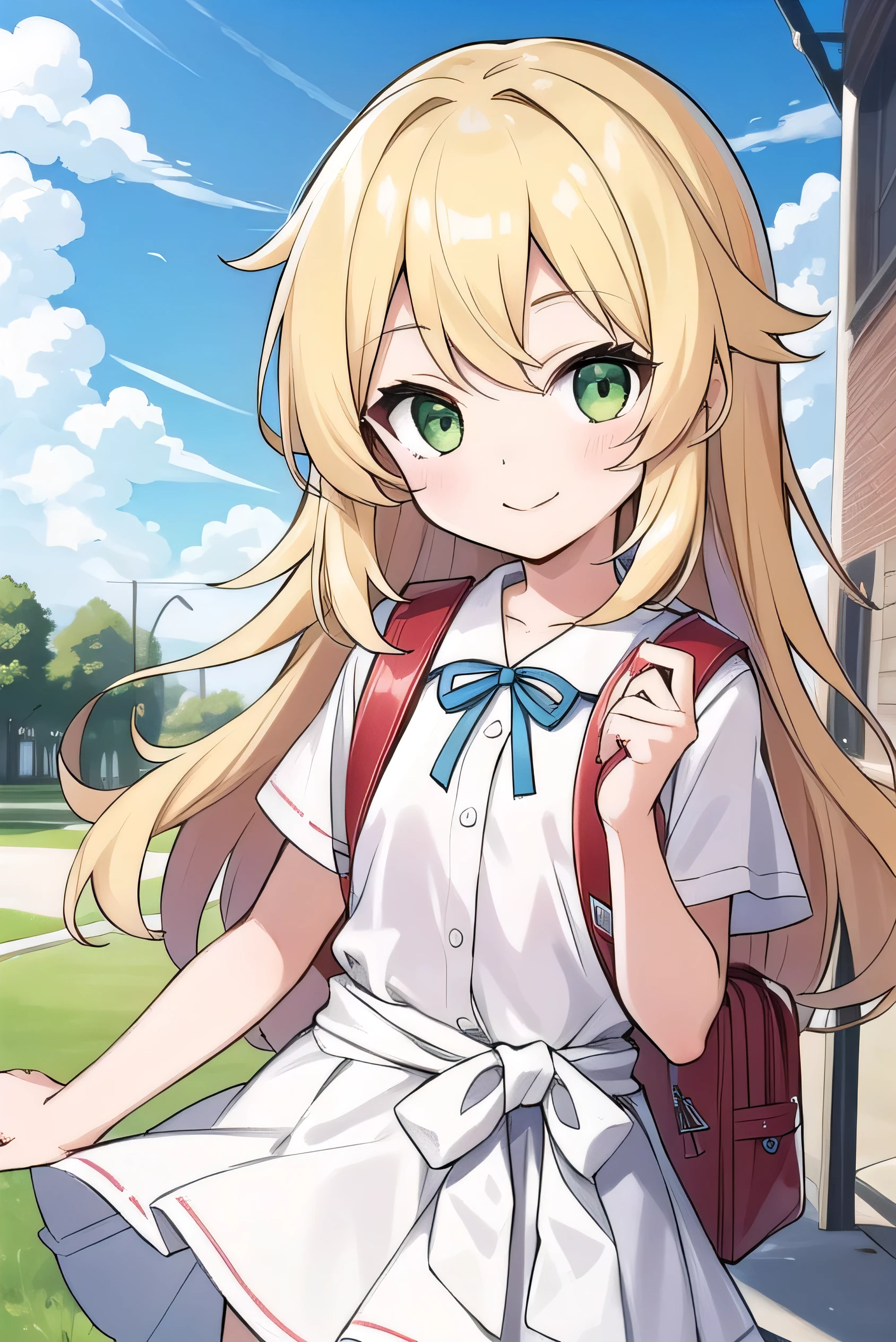 Blonde, elementary school student, green eyes, long hair to the waist, elementary school student, white clothes, white miniskirt, kind smile, park, short, 9 years old, 135cm tall, blue sky, red backpack, hair hanging outside