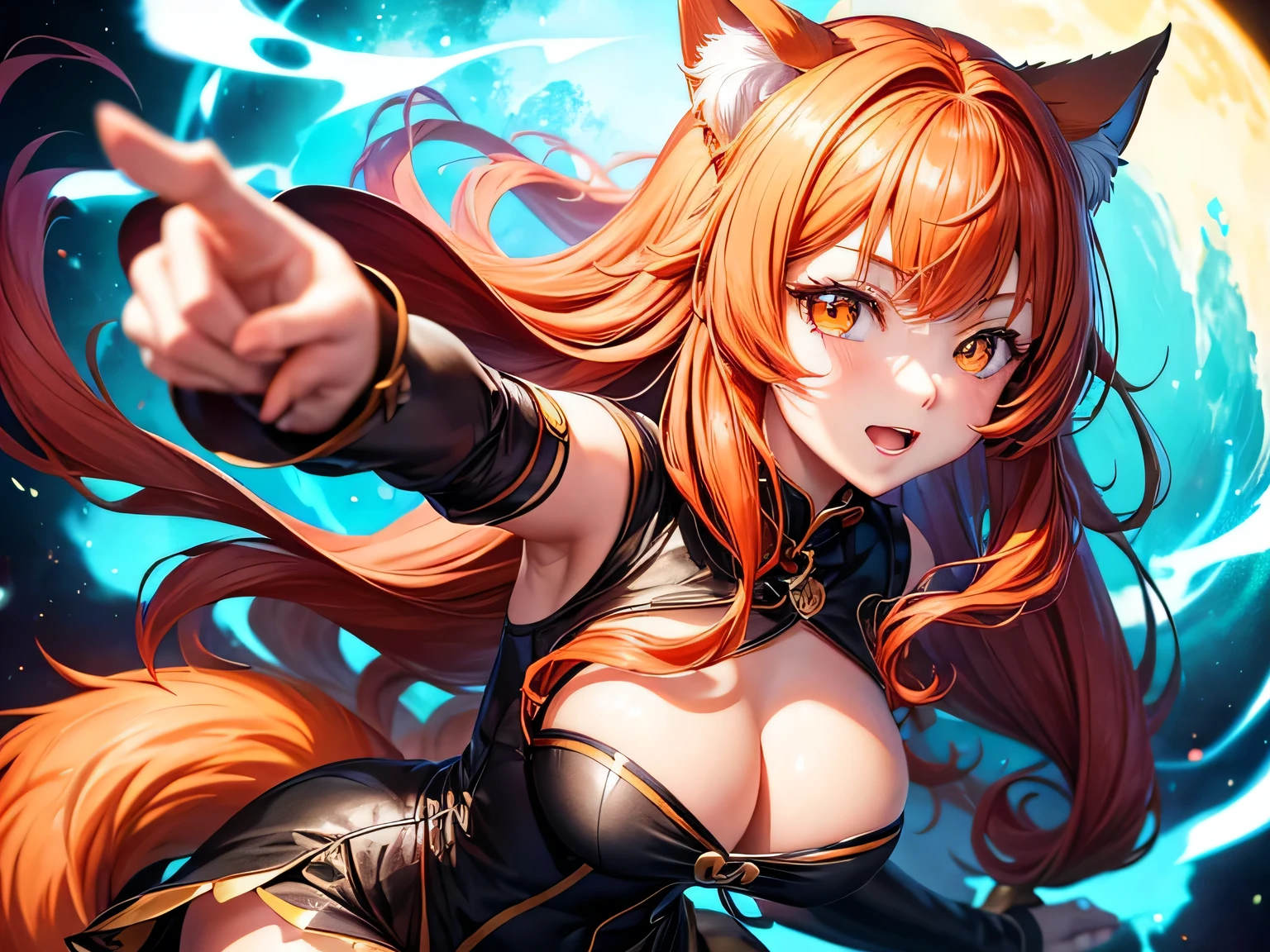 1 girl, ((best quality)), ((masterpiece)), (detailed), perfect face, anime girl with long red hair and cat ears in a black outfit, beautiful anime catgirl, very beautiful anime cat girl, anime girl with cat ears, extremely detailed artgerm, ayaka genshin impact, trending on artstation pixiv, ayaka game genshin impact, holo is a wolf girl, digital anime illustration, with a magical orange energy ball, fox outfit, fox ears, miraculous fox power, with God tail, night background, attack pose, seriously expression, holding orange sword
