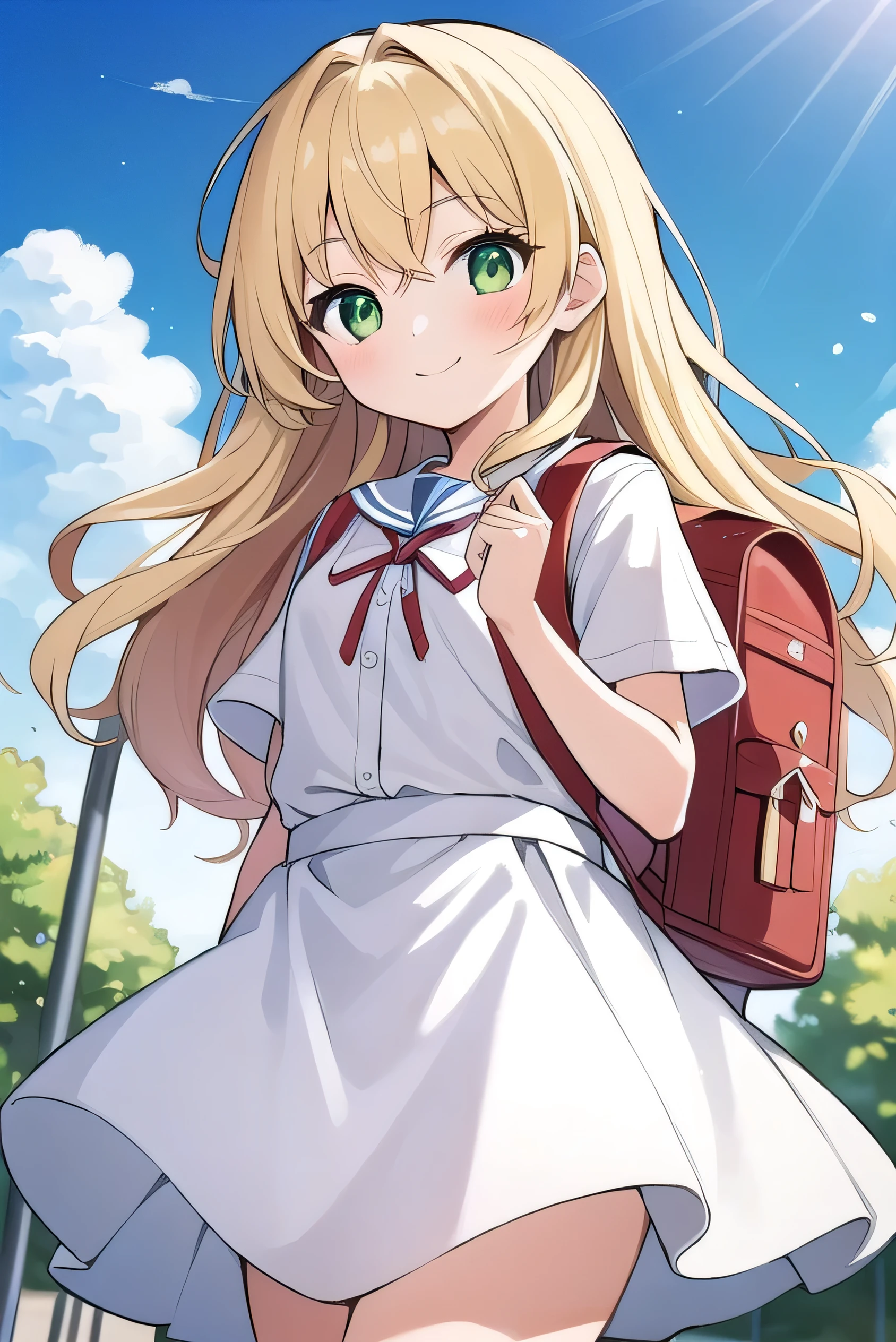 Blonde, elementary school student, green eyes, long hair to the waist, elementary school student, white clothes, white miniskirt, kind smile, park, short, 9 years old, 135cm tall, blue sky, red backpack, hair hanging outside