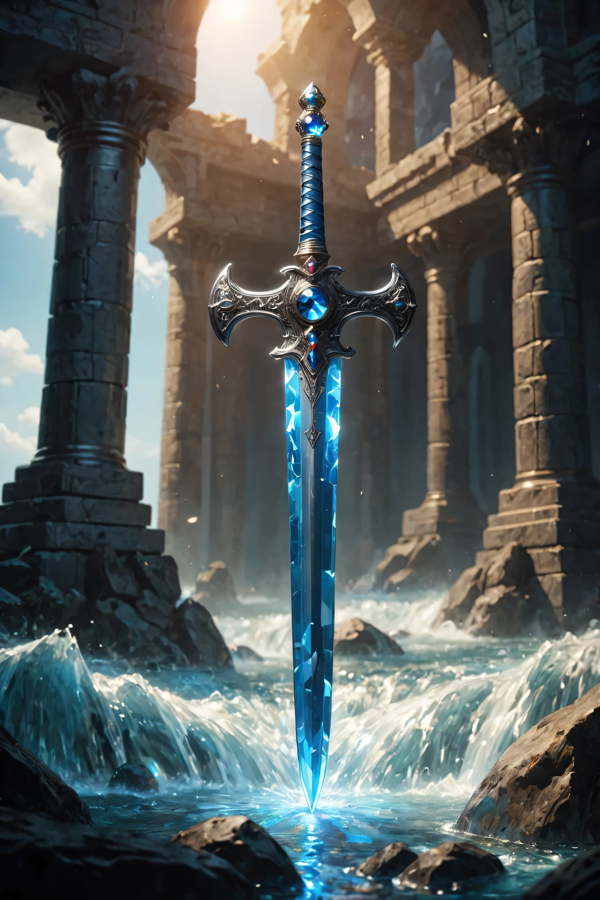 blade glows blue as well as the gemstone, more water flowing around the sword