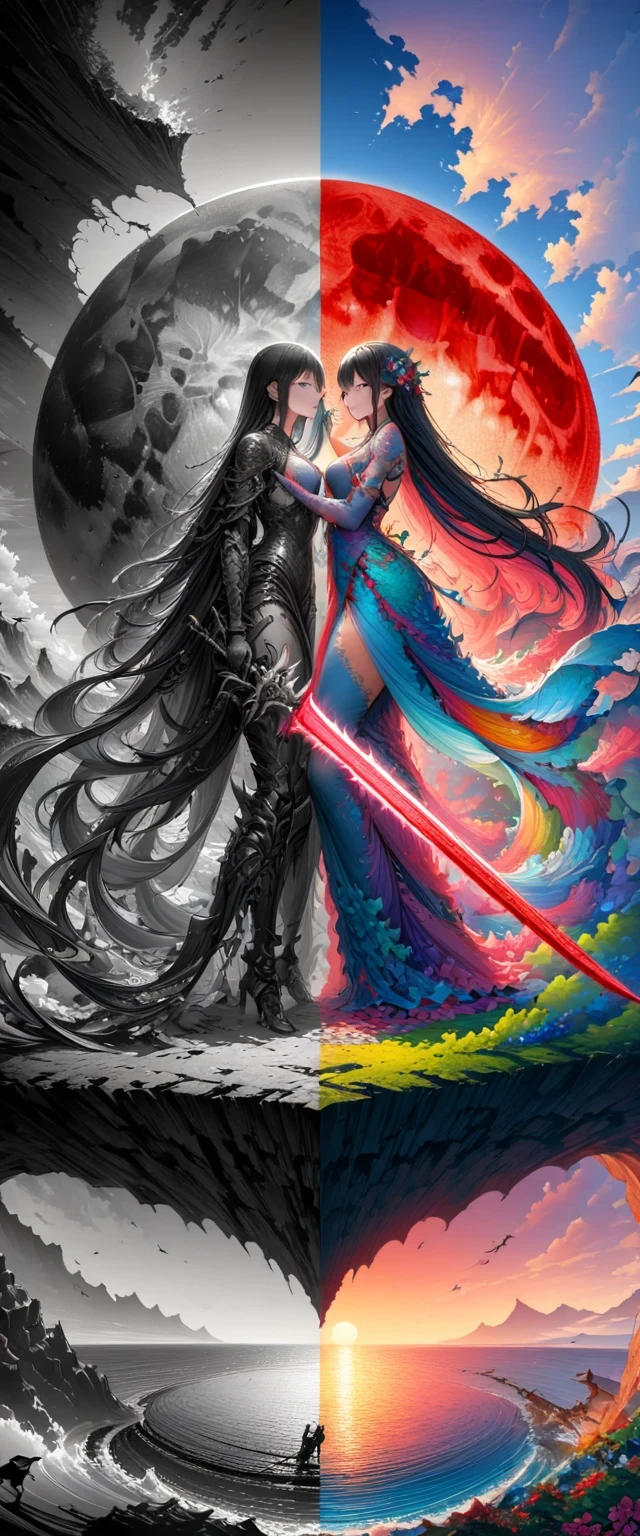 Black、White、Blue and Red,(best quality, Ultra Detailed, high resolution, Extremely detailed CG),Wide-angle lens,Diablo standing on the edge of a cliff,She is very pretty,She likes blood and the ocean,Blood Rain, mystery,Fanatic, Blood Moon, Magic Sword,Surreal,fine，The artwork should transition from a pencil drawing style in Black and white on the left half to vibrant colors on the right half, Ensure seamless integration of the two halves，No dividing line, The scenes on both sides are exactly the same, with the left side featuring detailed Black and white pencil strokes and the right side filled with colors, Create a fusion