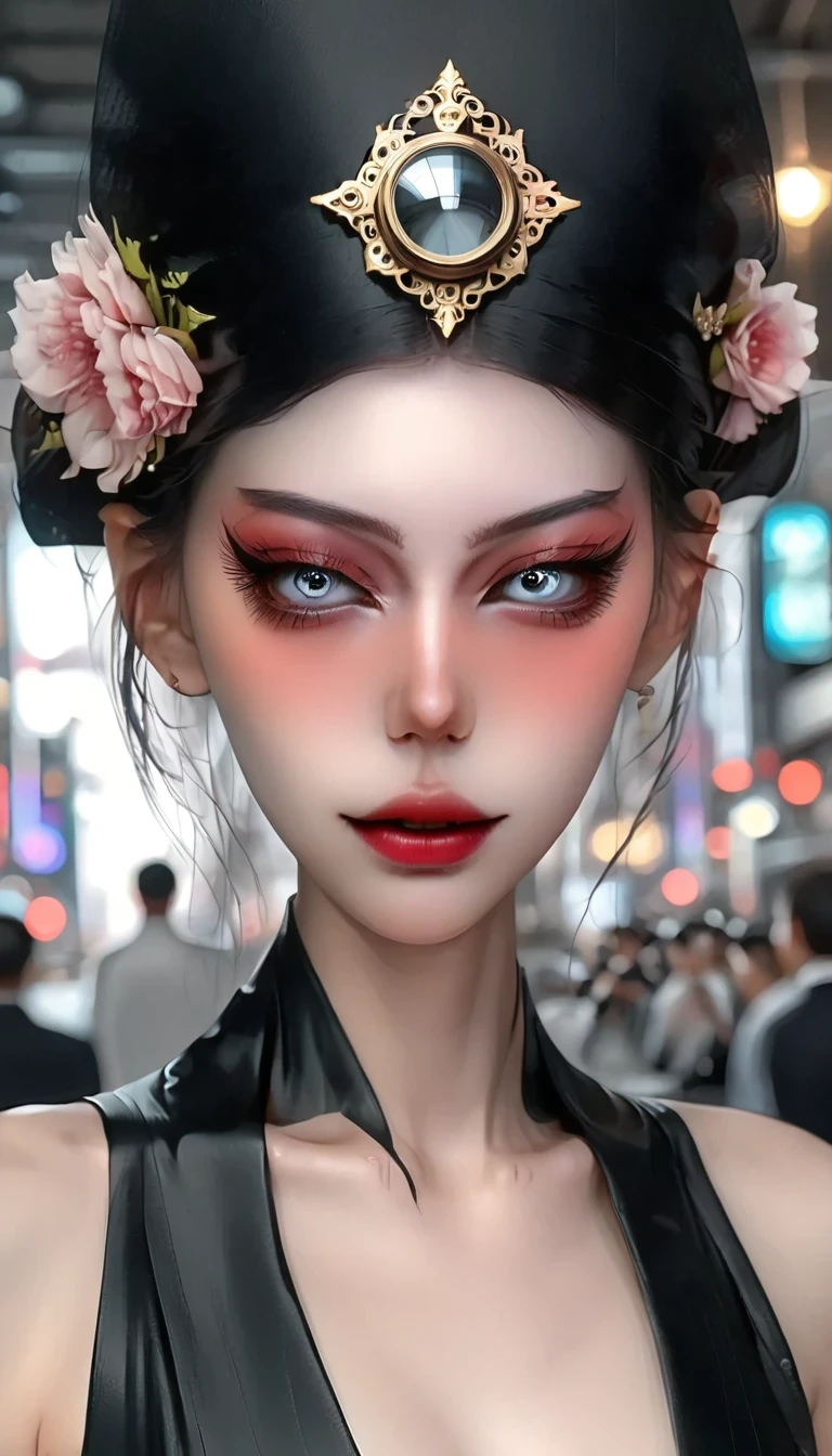 beautiful cyberpunk girl wearing a Futurism head mounted display,  (Delicate skin), Pale skin, (in a deep neckline highly detailed  Futurism cyberpunk black crop top and underpants made of circuit boards, Control theory, Japanese words with glitter effect, Beautiful epic work, Futurism, masterpiece, Sensual, is attractive, Posing for photos