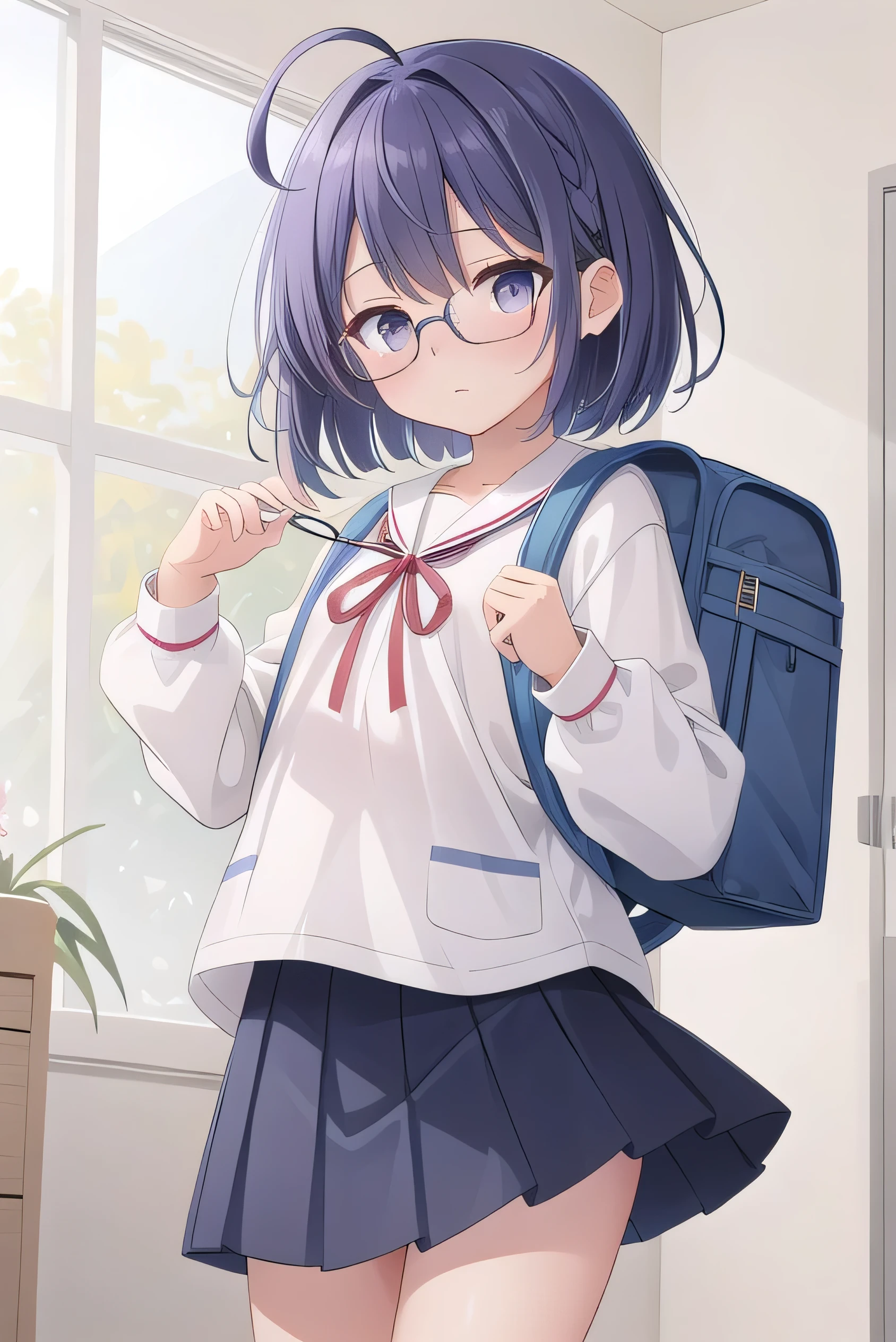 Purple hair, gray eyes, white , navy blue miniskirt, , short, short long hair, kind expression, shy, backpack, almost no breasts, slightly exposed. hair,(flipped hair ), flipped hair, long sleeves, ahoge, girl alone, flipped hair, flipped hair, flipped hair, flipped hair, glasses with no edges, embarrassed, flat chest