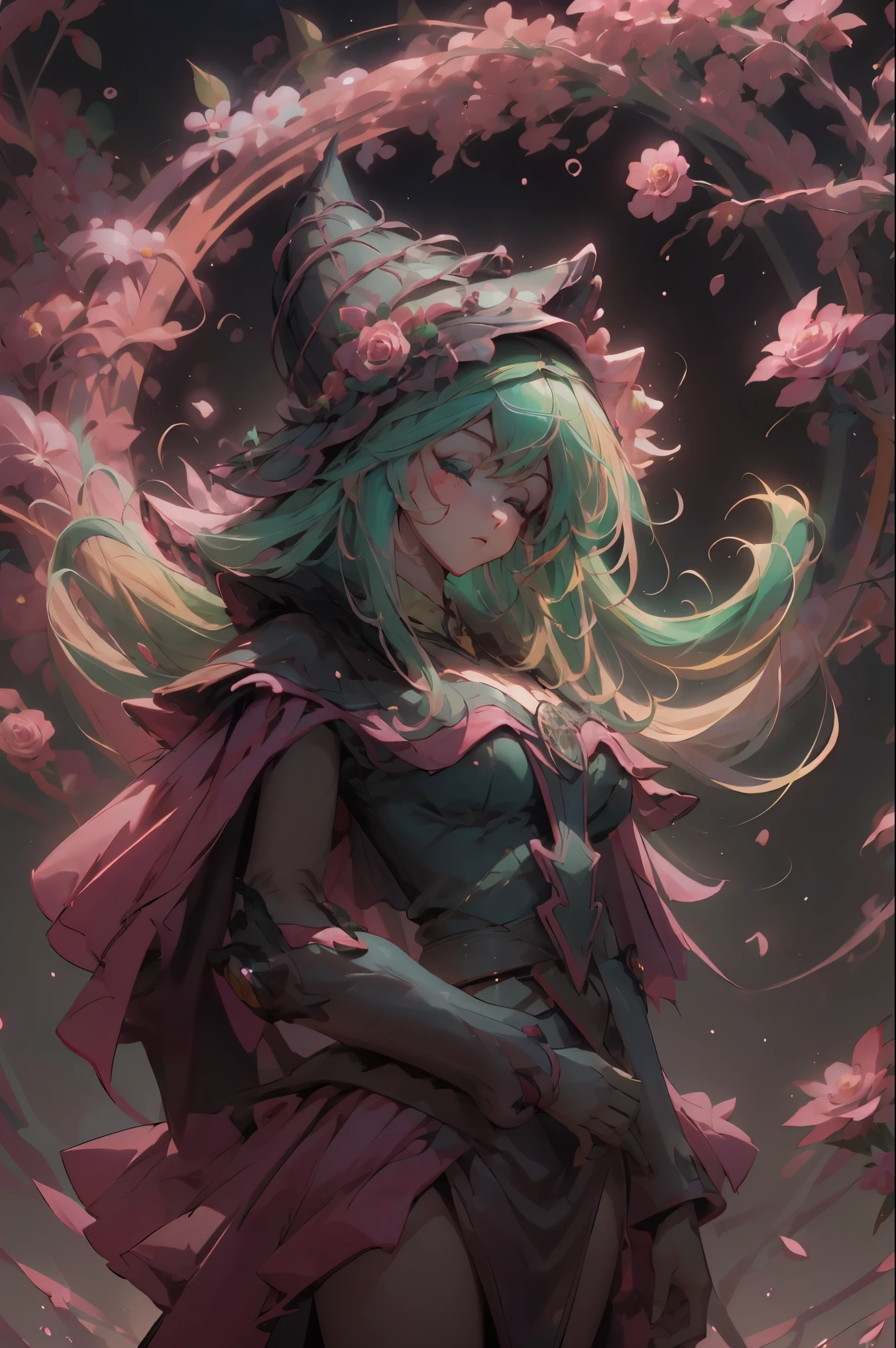 Hermosa dark magician gils. Joven con cabello corto y rubia. Ojos verdes. Labios rosados. She is in a garden of red roses. Rosas rojas la rodean. Pose y inocente. Fondo de rosas rojas y lluvia
