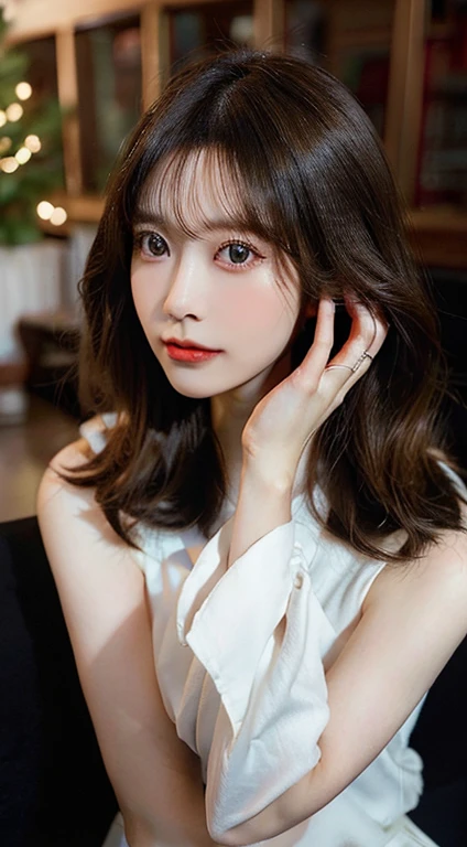 "Generate a high-quality image featuring a brunette woman with a darker hair tone, adorned in an elegant white dress cinched with a belt that accentuates her slender waist. The impeccable application of her makeup should highlight her features, contributing to an overall glamorous and sensual appearance. Carefully arrange the lighting to play with shadows and highlights, adding depth and sophistication to the composition. The woman, posing in a way that exudes feminine allure, should be the focal point, with the background artistically blurred using techniques like soft bokeh. Employ a skillful use of camera effects and a refined color palette to create an aesthetically pleasing and sensually captivating image."