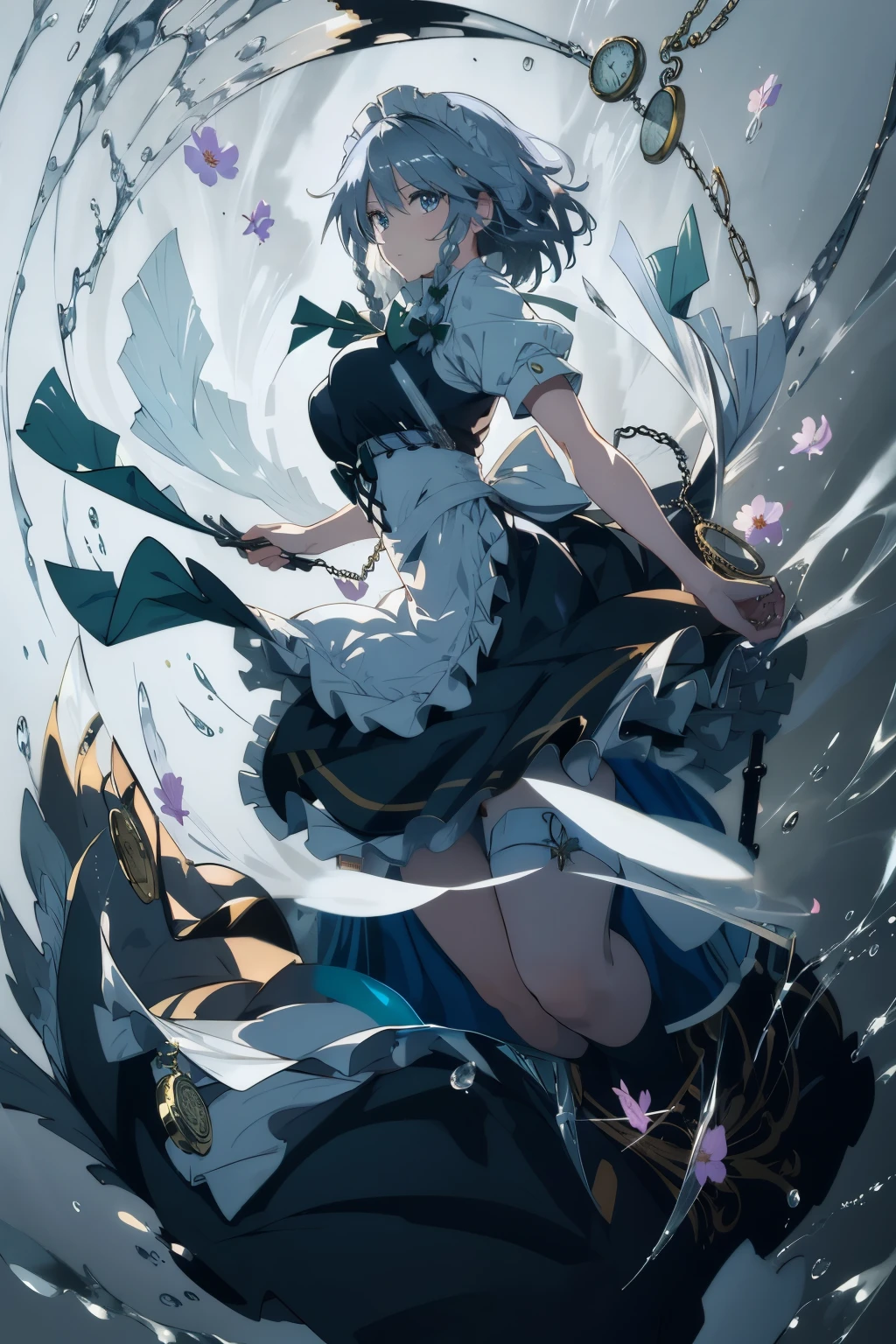 masterpiece, best quality, illustration, 1girl, solo, Izayoi Sakuya, (white short hair), maid headband, sharp eyes, (vivid color), light, thick smoke:1.6, (floating white ink:1.8), Cyan flame, (beautiful and clear background:1.25), (depth of field:0.7), Dreamlike, (highres:1.2), (ultra-detailed:1.2), (extremely detailed CG unity 8k wallpaper:1.2), (traditional media), (sketch:1.1), finely detailed beautiful eyes and detailed face, Knives, (flying petals:1.2), (silver pocket watch:1.2), Knifefight, dynamic colors, colorful, dynamic pose, dynamic angle, (full body:1.3), Touhou, knife, holding Knives, izayoi sakuya, medium breasts, (detailed eyes), cute, beauty, HDR, 4K, nier anime style, harmony, fighting stance, izayoi sakuya