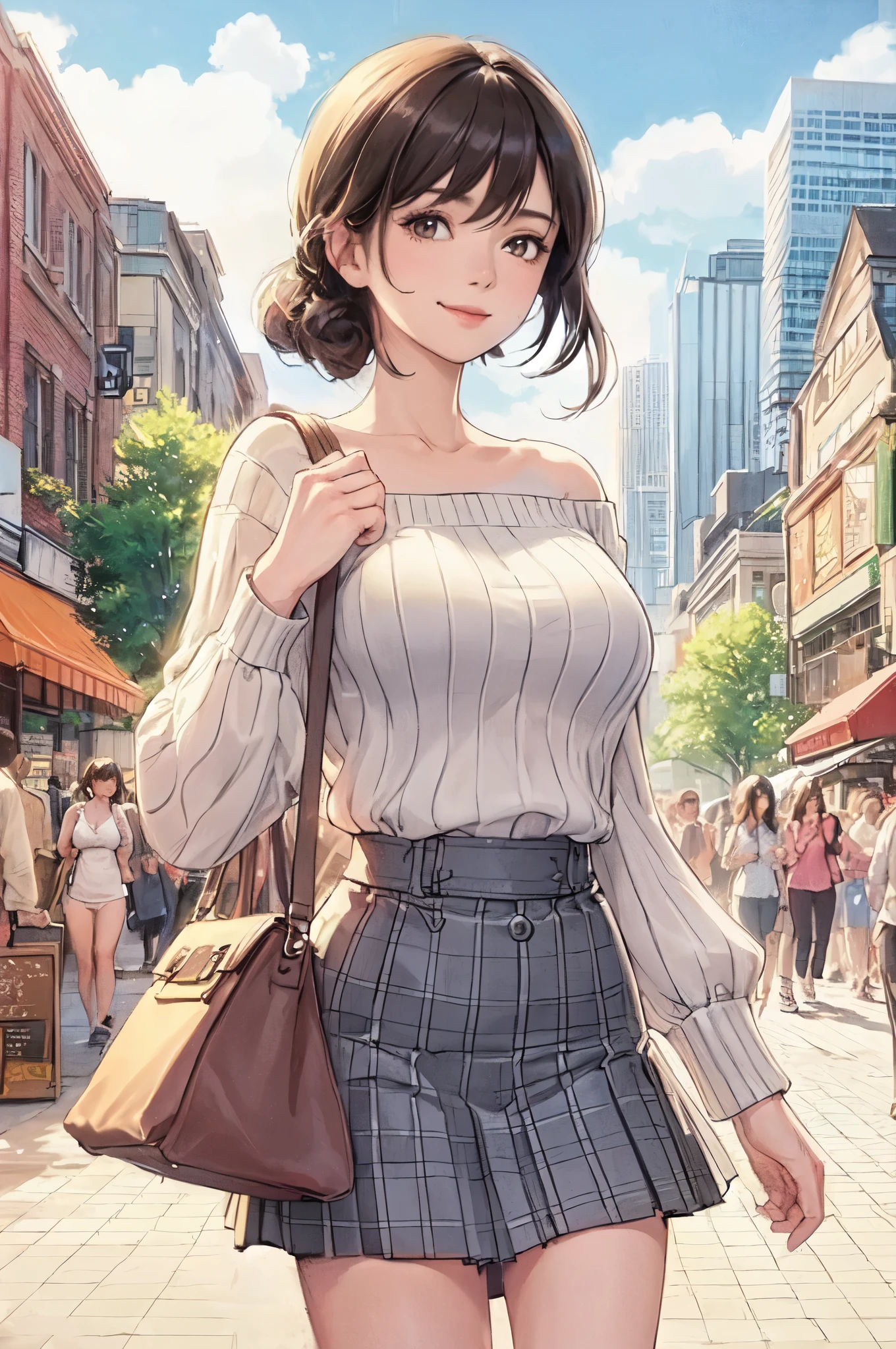 1lady solo, (strolling through city), (stylish outfit) (refreshing attire), mature female, /(dark brown hair/) bangs, kind smile, (masterpiece best quality:1.2) delicate illustration ultra-detailed, large breasts BREAK (holding designer's bag) BREAK (populous downtown) outdoors, noon, crowded, detailed background