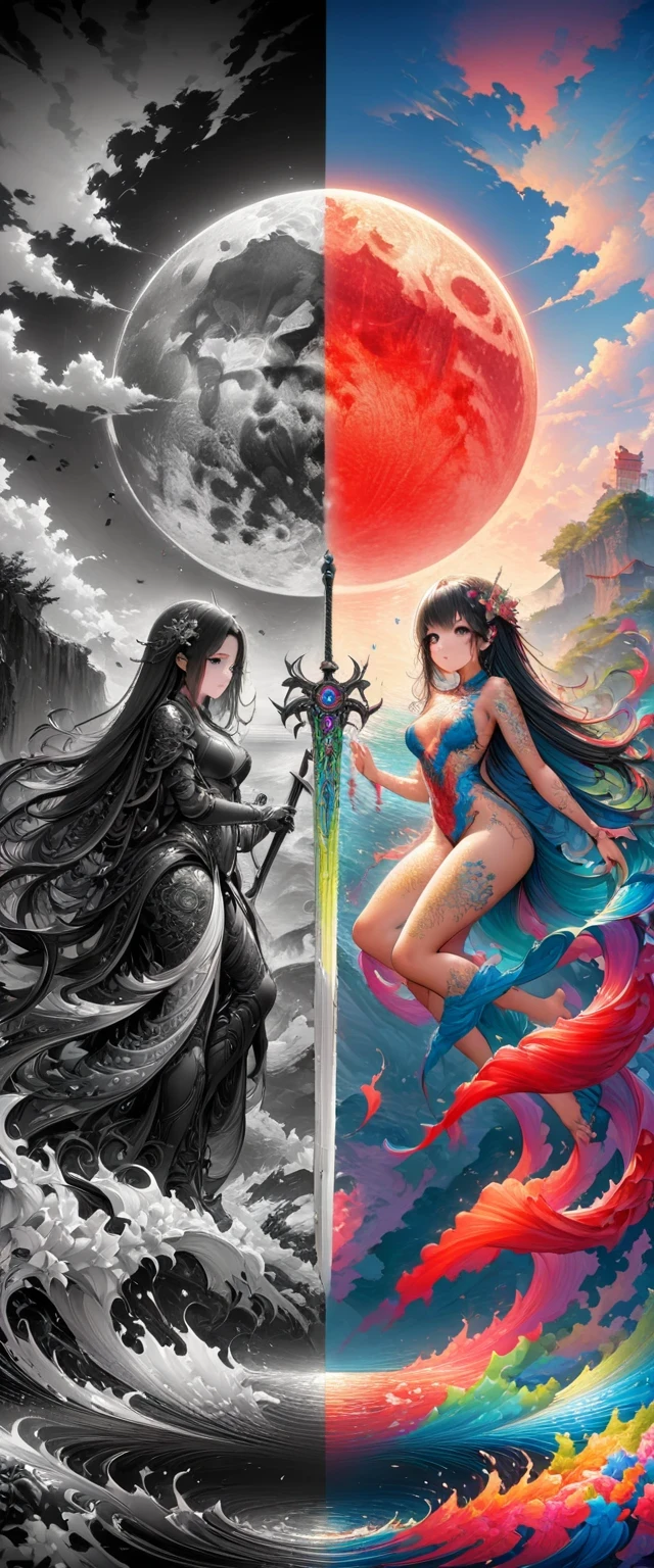 Black、White、Blue and Red,(best quality, Ultra Detailed, high resolution, Extremely detailed CG),Wide-angle lens,Diablo standing on the edge of a cliff,She is very pretty,She likes blood and the ocean,Blood Rain, mystery,Fanatic, Blood Moon, Magic Sword,Surreal,fine,The artwork should transition from a pencil drawing style in Black and white on the left half to vibrant colors on the right half, Ensure seamless integration of the two halves,No dividing line, The scenes on both sides are exactly the same, with the left side featuring detailed Black and white pencil strokes and the right side filled with colors, Create a fusion