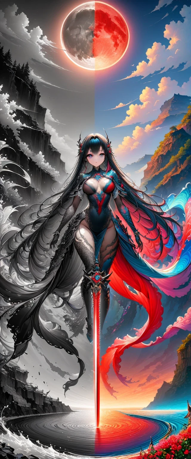 Black、White、Blue and Red,(best quality, Ultra Detailed, high resolution, Extremely detailed CG),Wide-angle lens,Diablo standing on the edge of a cliff,She is very pretty,She likes blood and the ocean,Blood Rain, mystery,Fanatic, Blood Moon, Magic Sword,Surreal,fine，The artwork should transition from a pencil drawing style in Black and white on the left half to vibrant colors on the right half, Ensure seamless integration of the two halves，No dividing line, The scenes on both sides are exactly the same, with the left side featuring detailed Black and white pencil strokes and the right side filled with colors, Create a fusion