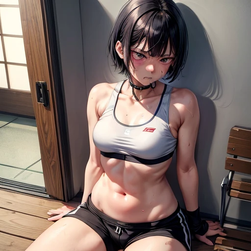 Cute Japanese high school girl with bruises and short cut black hair. She is biting her lips. She is angry at herself. She is sitting in the waiting room of a martial arts arena. After losing a match. She is reflecting on her loss. She is disappointed. Very sweaty, out of stamina, slender body, poor breasts, small breasted sports bra, high leg shorts, open finger gloves.