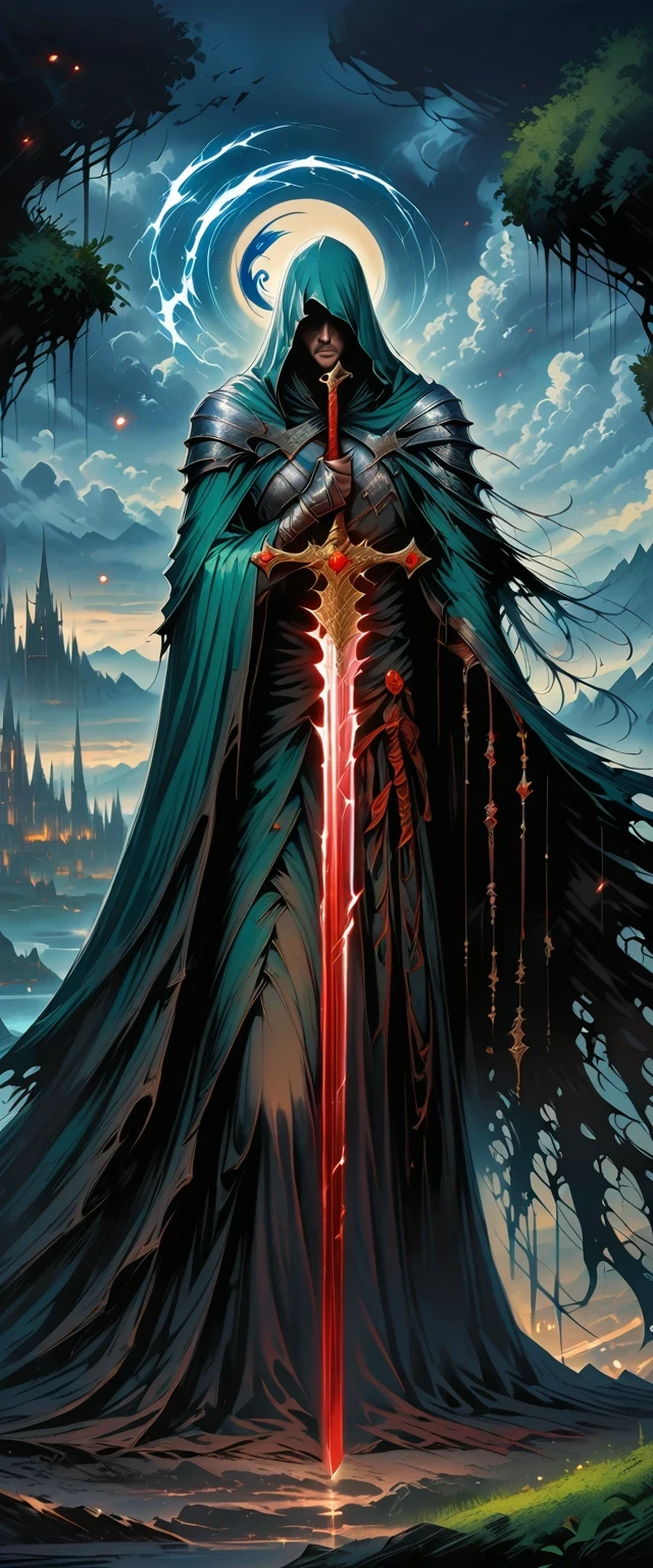 Magic Sword,The legendary Magic Sword,Glory Magic Sword,Magic Sword,Heavy Metal Style,Metal Art,Full of metallic luster,Metal texture in the post-industrial era,Alloy wire crafts,crystal,Blood agate inlay,Well structured,Perfect craftsmanship,Magic Lightning Background,Blue Lightning,There are fairies,Dark Fantasy Art, dark flower shaman, Dark fantasy concept art, Bloodborne concept art, dark concept art, Diablo digital concept art, Dark Fantasy Art style, dark flowers, Bloodborne Art, photorealistic dark concept art,Dark Fantasy Art, Death Portrait, Onmyoji detailed art, Beautiful wizard, Ominous fantasy illustration,(best quality,4K,8k,high resolution,masterpiece:1.2),Ultra Detailed,(actual,Realistically,Realistically:1.37),landscape,Science fiction,photography,Concept Artist, High Dynamic Range,Ultra HD,Studio Lighting,very good,Key Points,Physically Based Rendering,Extremely detailed description,professional,Vibrant colors,Bokeh.