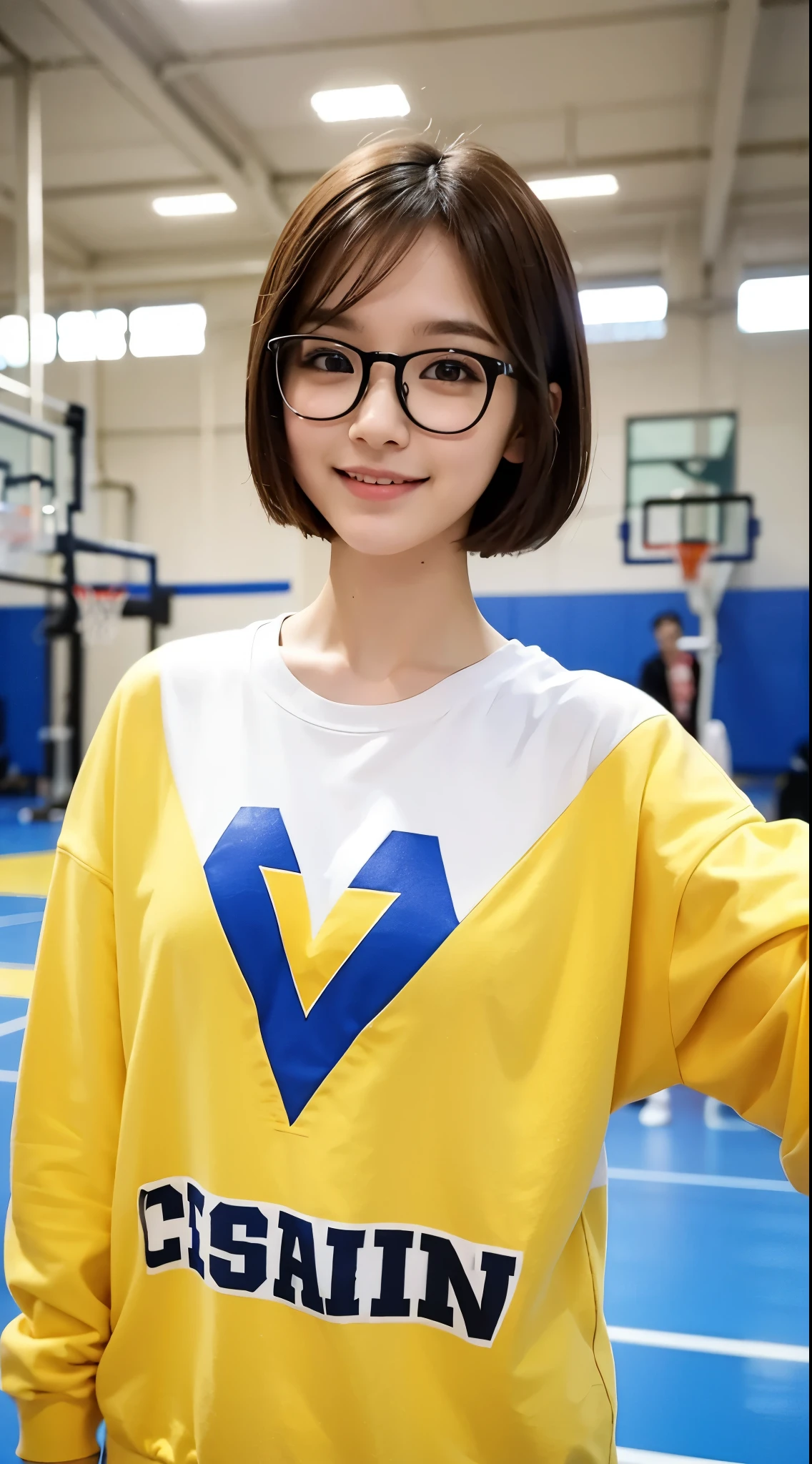 Asian、pretty girl、Brown Hair、short hair、blue eyes、Glasses girl、smile、White skin、Yellow sweatshirt、Basketball court in a large gym、
