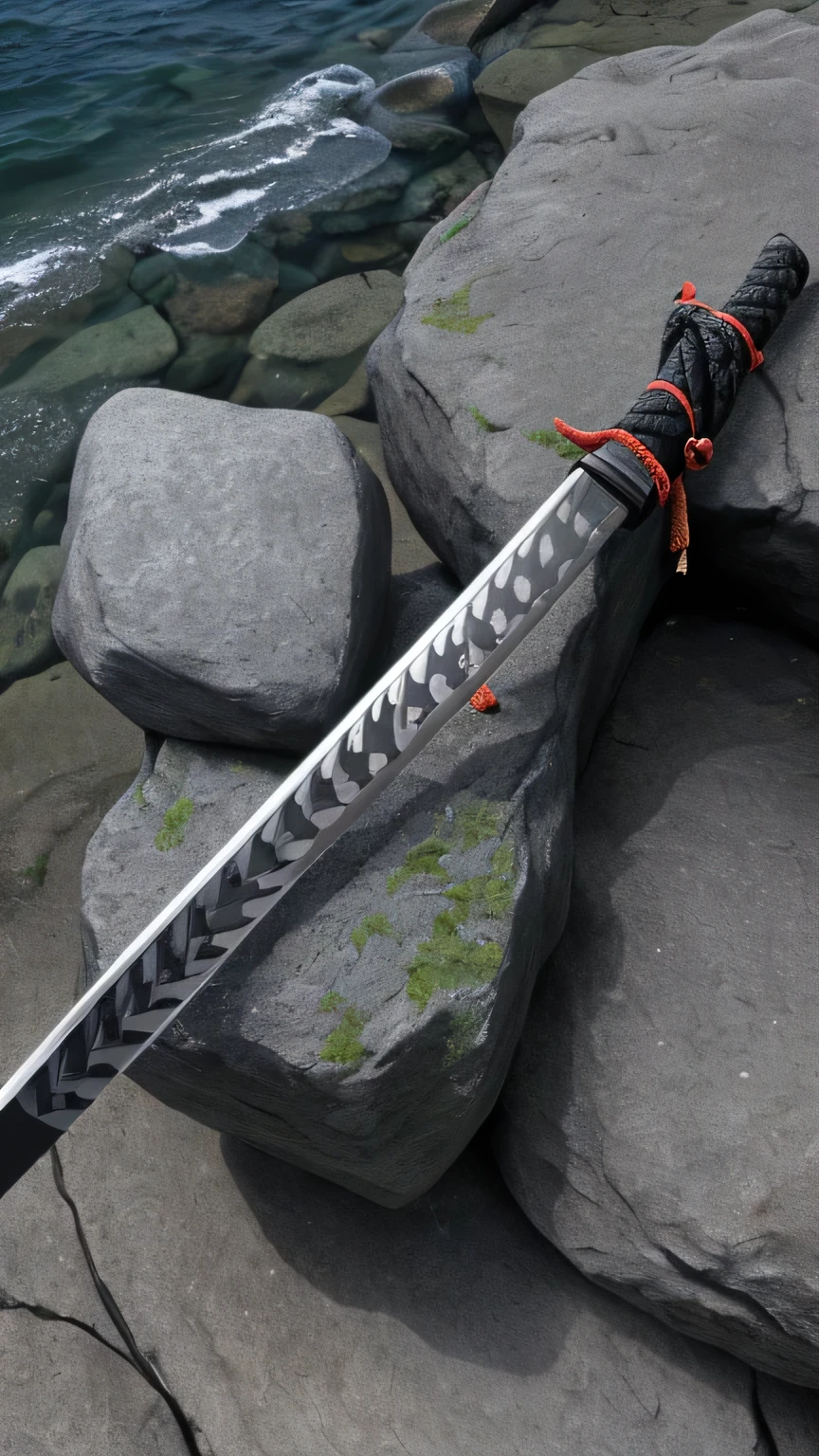 A katana placed on rocks