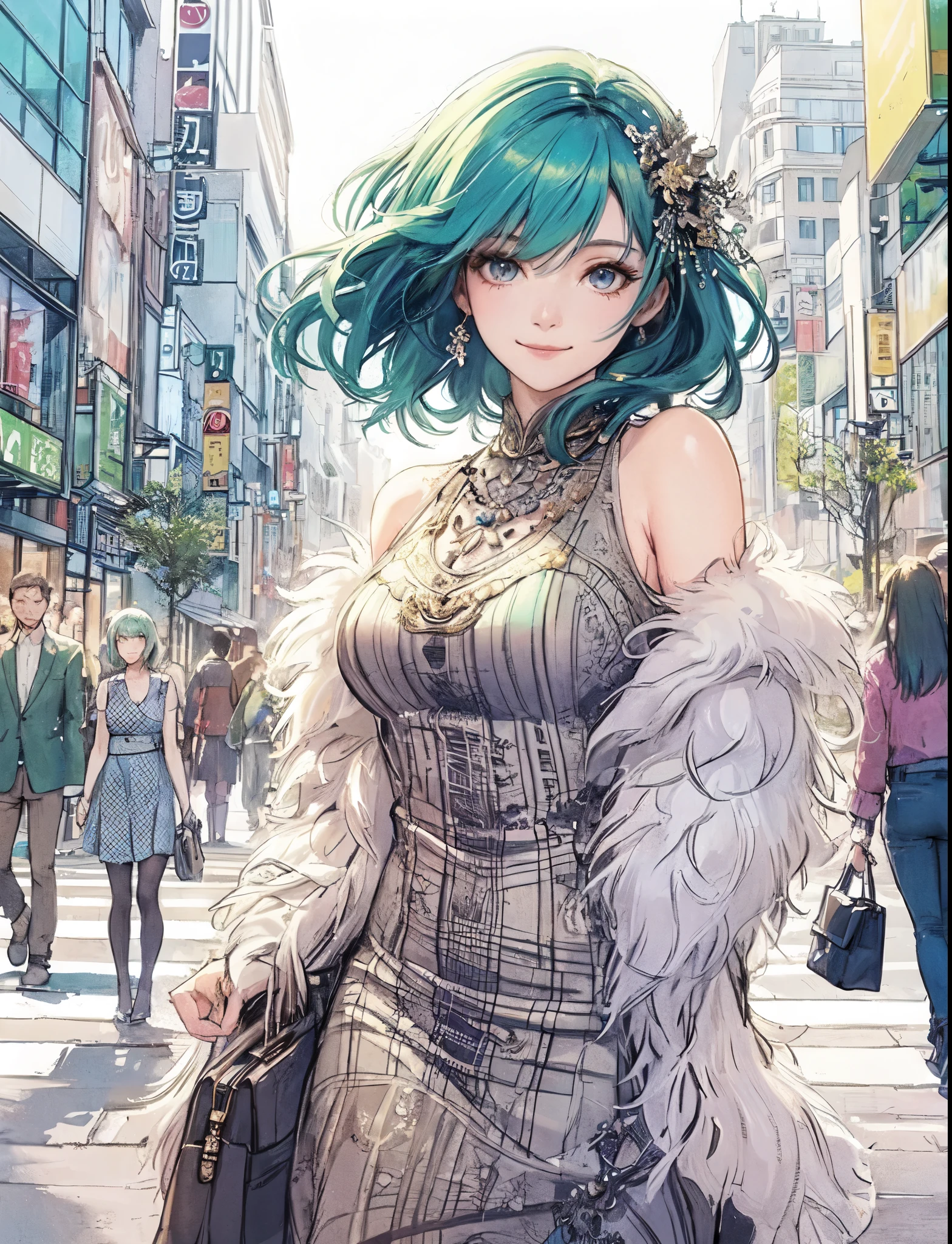 1lady solo, (strolling through city), (stylish outfit) (avant-garde attire), mature female, /(blue green hair/) bangs, kind smile, (masterpiece best quality:1.2) delicate illustration ultra-detailed, large breasts BREAK (holding designer's bag) BREAK (populous downtown) outdoors, noon, crowded, detailed background