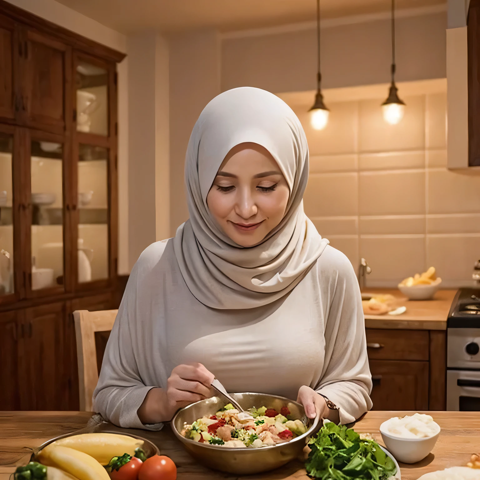 Mature mommy Ibu Cantik, aged 45 and above, is dressed in cozy pajamas as she prepares a meal in the dimly lit kitchen. Her adult son, with a warm expression, cuddles her from the front, reaching up to her waist as they share an intimate moment. The mother's cheeks are gently pinched with affection, while she wears an oversized, super-long, loose plain white hijab that covers her hair. The scene takes place around a dining table, where the son helps chop ingredients for the family meal. The atmosphere is filled with love, comfort, and the aroma of a homemade meal.