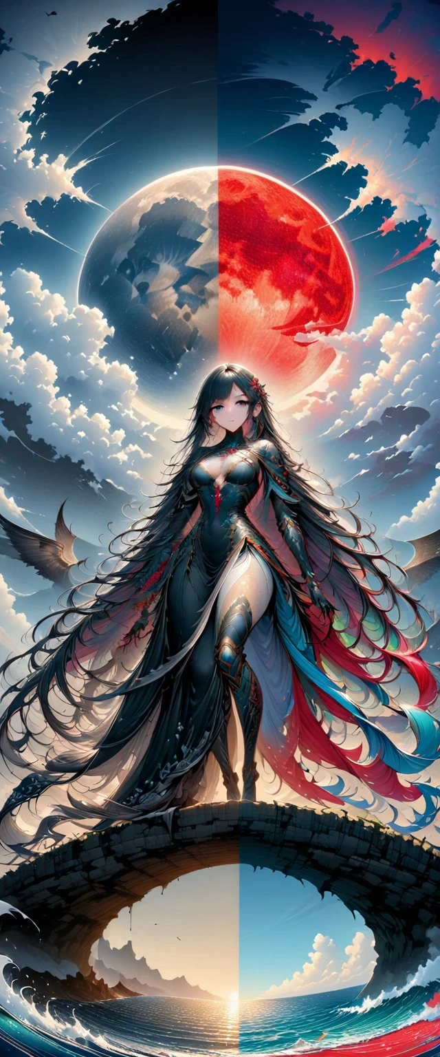 Black、White、Blue and Red,(best quality, Ultra Detailed, high resolution, Extremely detailed CG),Wide-angle lens,Dead angel standing on the edge of a cliff,She is very pretty,She likes blood and the ocean,Blood Rain, mystery,Fanatic, Blood Moon, Surreal,fine，The artwork should transition from a pencil drawing style in Black and white on the left half to vibrant colors on the right half, Ensure seamless integration of the two halves，No dividing line, The scenes on both sides are exactly the same, with the left side featuring detailed Black and white pencil strokes and the right side filled with colors, Create a fusion