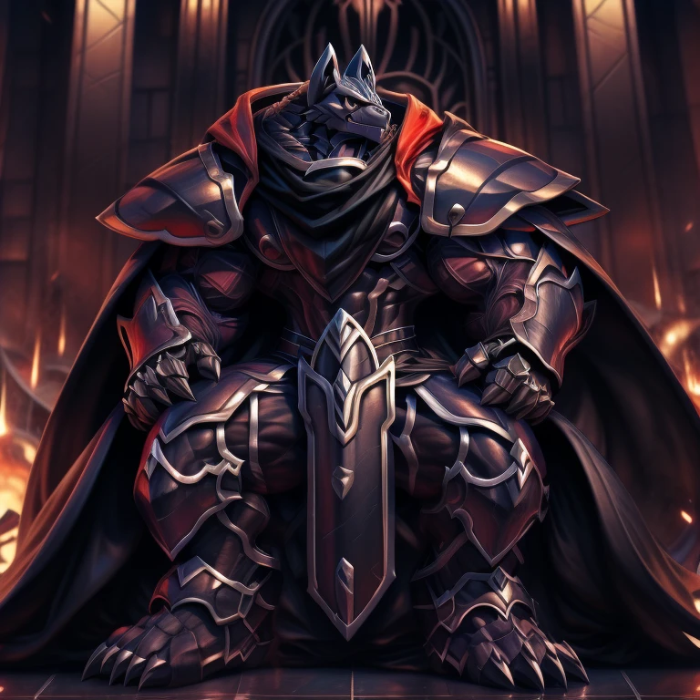 (masterpiece, best quality, detailed:1.2) (Pokémon) LUCARIO, detailed full body, a knight's mechanical armor, glowing wide and heavy armor, wears full body armor. massive muscles, huge pecs, chiseled abs, huge pectorals, exaggeratedly huge muscles. wearing a cloak. unusually developed muscular body big muscle, pecs, triceps, traps, waist narrow, unusually developed muscular body, Dark knight, BlackKnight_fe, The claws are sharp, Sharp teeth, He wears a black cloak on his back. sitting on the throne,
