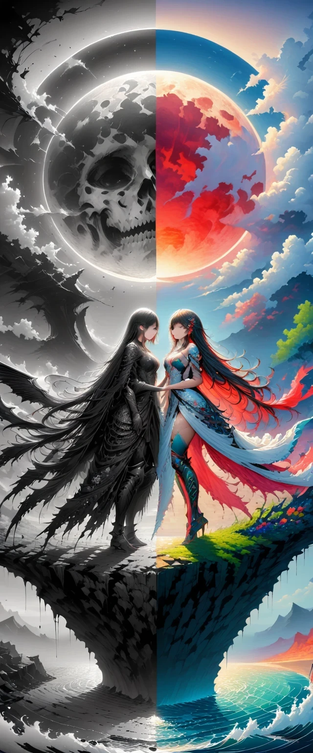 Black、White、Blue and Red,(best quality, Ultra Detailed, high resolution, Extremely detailed CG),Wide-angle lens,Dead angel standing on the edge of a cliff,She is very pretty,She likes blood and the ocean,Blood Rain, mystery,Fanatic, Blood Moon, Surreal,fine,The artwork should transition from a pencil drawing style in Black and white on the left half to vibrant colors on the right half, Ensure seamless integration of the two halves,No dividing line, The scenes on both sides are exactly the same, with the left side featuring detailed Black and white pencil strokes and the right side filled with colors, Create a fusion
