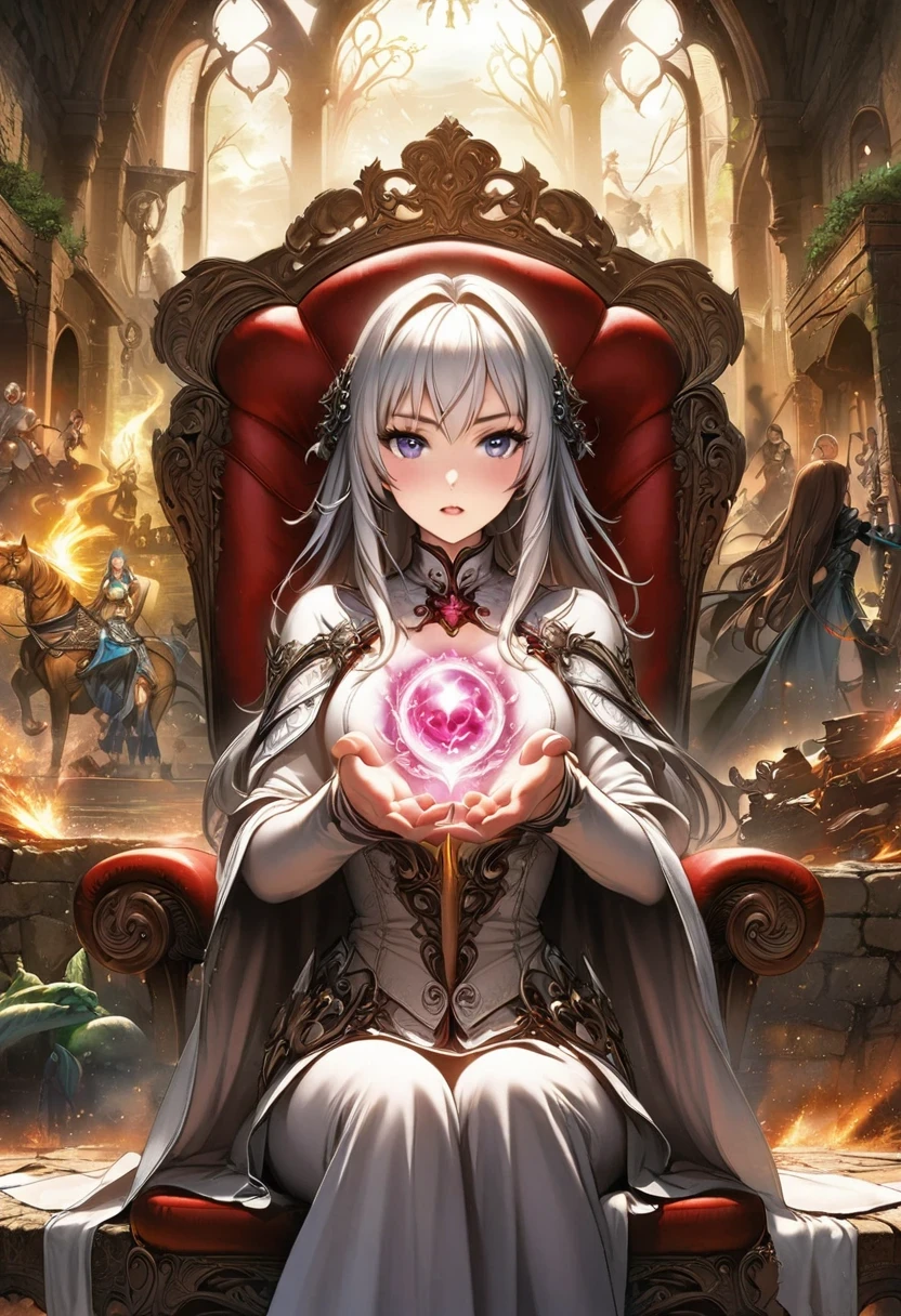 Anime girl sitting in chair，Magic in hand, Alchemy Girl, Light novel cover, official art, Epic Light Novel Cover Art, official artwork, epic Light novel cover, Change, Different world,  Change, Kushat krenz, Kushat, Kushat krenz key art feminine, Shadowverse Style, Moe