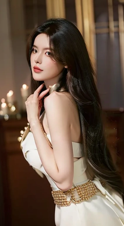 "Generate a high-quality image featuring a brunette woman with a darker hair tone, big breast,adorned in an elegant white dress cinched with a belt that accentuates her slender waist. The impeccable application of her makeup should highlight her features, contributing to an overall glamorous and sensual appearance. Carefully arrange the lighting to play with shadows and highlights, adding depth and sophistication to the composition. The woman, posing in a way that exudes feminine allure, should be the focal point, with the background artistically blurred using techniques like soft bokeh. Employ a skillful use of camera effects and a refined color palette to create an aesthetically pleasing and sensually captivating image."