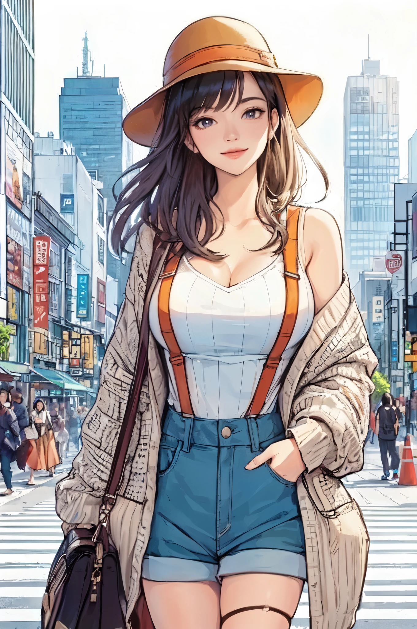 1lady solo, (strolling through city), (stylish outfit) (chic and sporty attire), mature female, /(light black hair/) bangs, kind smile, (masterpiece best quality:1.2) delicate illustration ultra-detailed, large breasts BREAK (holding designer's bag) BREAK (populous downtown) outdoors, noon, crowded, detailed background