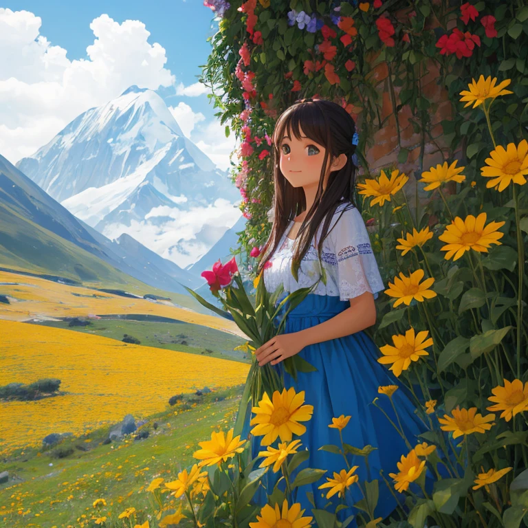 Flower of a day in the Andes, muy brillante y hermosa, a la distancia un Inka joven de espaldas con vestimenta Inka.
