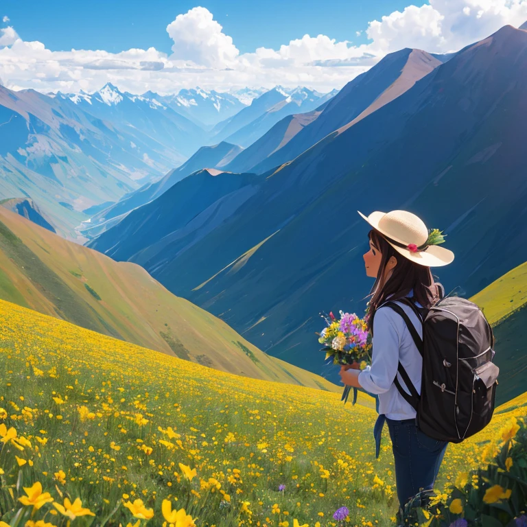 Flower of a day in the Andes, muy brillante y hermosa, a la distancia un Inka joven de espaldas con vestimenta Inka.