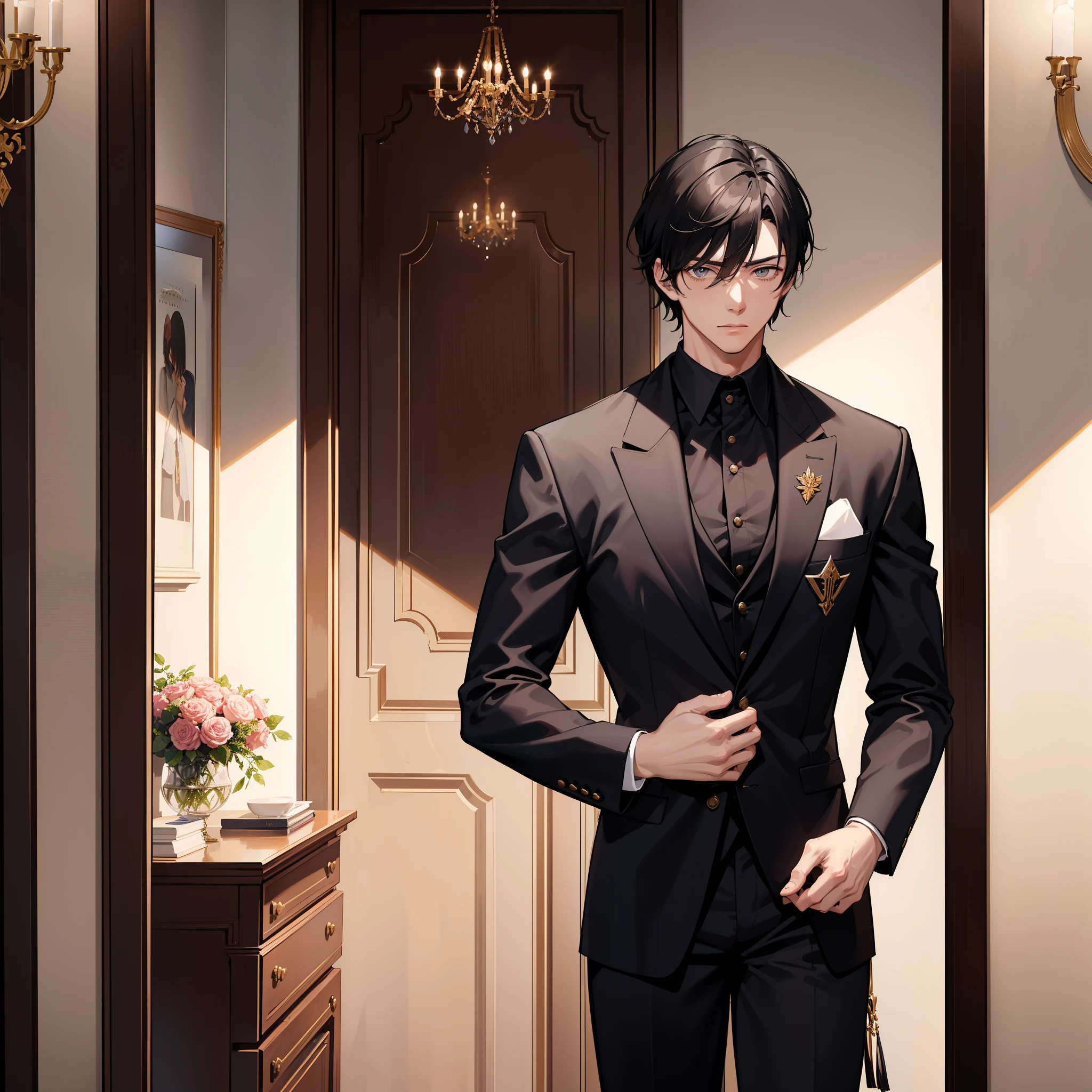 Imagine a young man in his 20s, an apparently strong and handsome young man, with a serious and cold expression, has black hair and an American haircut, has dark eyes, and is wearing an elegant formal black knight costume, he is in a room that looks like it's inside a castle