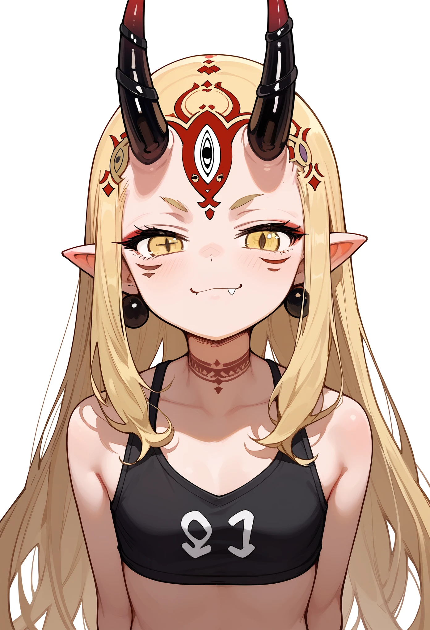 1girl, long hair, blonde hair, sidelocks, yellow eyes, pointy ears, facial mark, tattoo, forehead mark, oni, horns, black crop top, earrings, jewelry, barefoot, smug, closed mouth, fang, standing, arms on sides, upper body, score_9, score_8_up, score_7_up, masterpiece, Very aesthetic, best quality, white background 