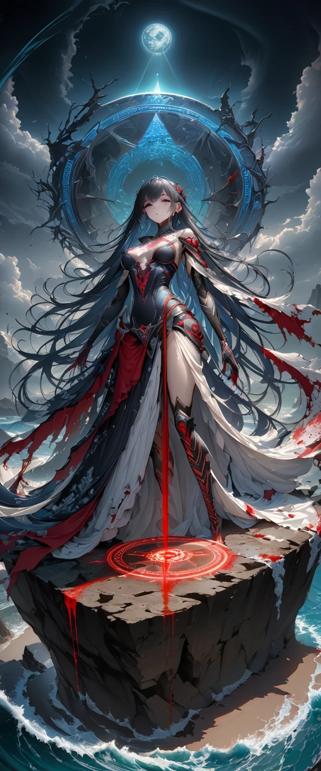 Black、White、Blue and Red,(best quality, Ultra Detailed, high resolution, Extremely detailed CG),Wide-angle lens,Dead angel standing on the edge of a cliff,She is very pretty,She likes blood and the ocean,Blood Rain, mystery,Fanatic, magic circle, Surreal,fine