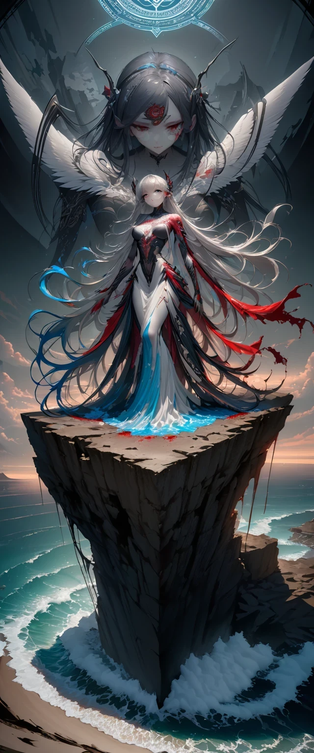 Black、White、Blue and Red,(best quality, Ultra Detailed, high resolution, Extremely detailed CG),Wide-angle lens,Dead angel standing on the edge of a cliff,She is very pretty,She likes blood and the ocean,Blood Rain, mystery,Fanatic, magic circle, Surreal,fine