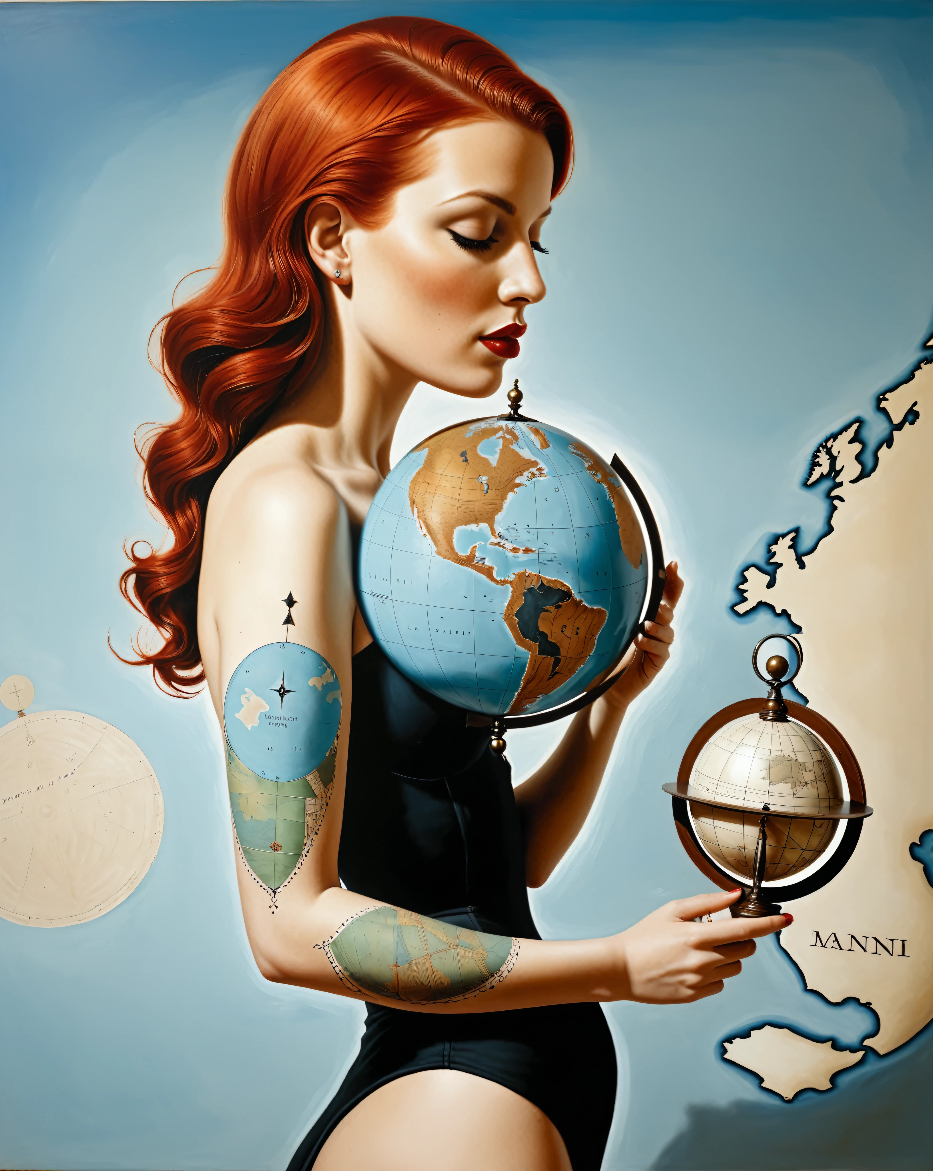 red haired white girl holding mapa-mundi globe, side view, she has a black compass tattoo on her forearm - surrealist style, surrealist artwrok, dream like, Salvador Dali style, Rene Magritte style, highly detailed, masterpiece, painting-like, HD