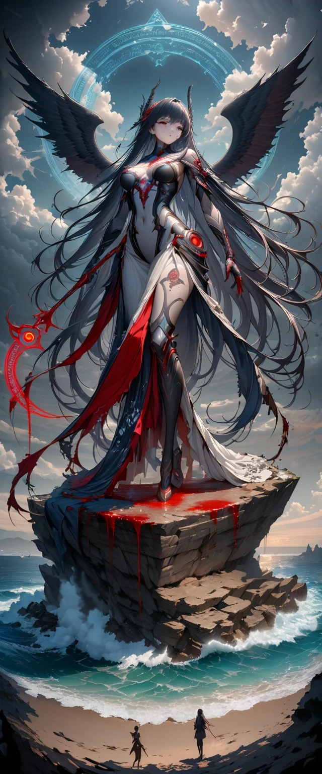 Black、White、Blue and Red,(best quality, Ultra Detailed, high resolution, Extremely detailed CG),Wide-angle lens,Dead angel standing on the edge of a cliff,She is very pretty,She likes blood and the ocean,Blood Rain, mystery,Fanatic, magic circle, Surreal,fine