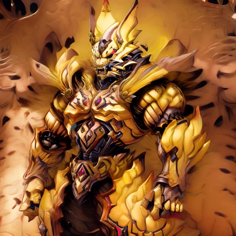 Zeraora's giant robot. (masterpiece, best quality, detailed:1.2) (Pokémon) Powered exoskeleton with the same design as Zeraora big muscle, GIANT, pecs, triceps, traps, waist narrow. bulge in the crotch, with huge golden laser sword, body full of huge muscles. also have a cloak on my back. The cloak is so long that it touches the ground, showing off muscles, mechs, Correct limbs, detailed full body, Very muscular, Large pecs, Heavyweight, Bodybuilder figure, Wearing cyberpunk mecha, big bump, sparkling skin, Vibrant colors, 4K, realism, Don't stray too far from Zeraora's design, Furry Heroes, Main is yellow COLOR, have big wings.