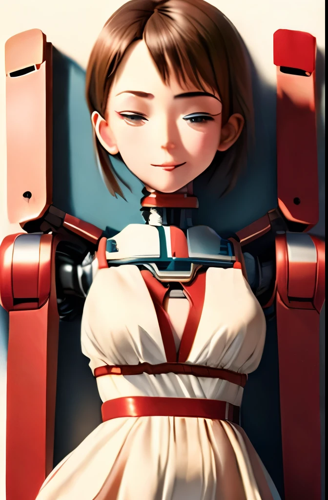 A Female robot is sleeping in the book, spread legs, nude, banzai pose. she wears no dress. She Brown short hair is tied with two big red clothespins, She lifts up the under hem of her white plain dress, leaning over, masterpiece, very short pigtails,brown hair, mature, android, blue eyes, full body figure, Height: 160cm, flushed cheeks, 2020s anime picture, A beautiful robot with short brown hair in two short pigtails held up by two very large huge red clothespins, Uplifting, No NSFW, whole body, barefoot, archaic smile, getting orgasm, 25 years old, sweat bucket.