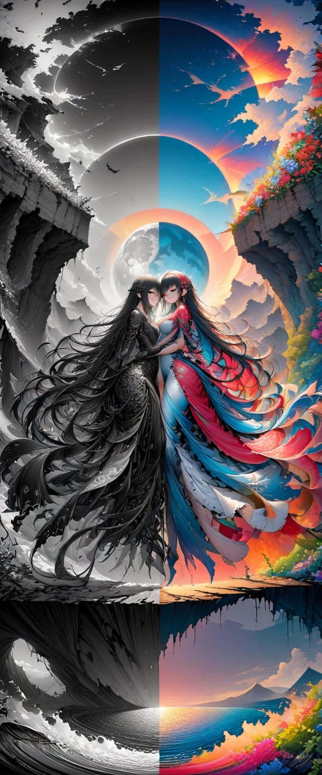 Black、White、Blue and Red,(best quality, Ultra Detailed, high resolution, Extremely detailed CG),Wide-angle lens,Dead angel standing on the edge of a cliff,She is very pretty,She likes blood and the ocean,Blood Rain, mystery,Fanatic, Blood Moon, Surreal,fine，The artwork should transition from a pencil drawing style in Black and white on the left half to vibrant colors on the right half, Ensure seamless integration of the two halves，No dividing line, The scenes on both sides are exactly the same, with the left side featuring detailed Black and white pencil strokes and the right side filled with colors, Create a fusion
