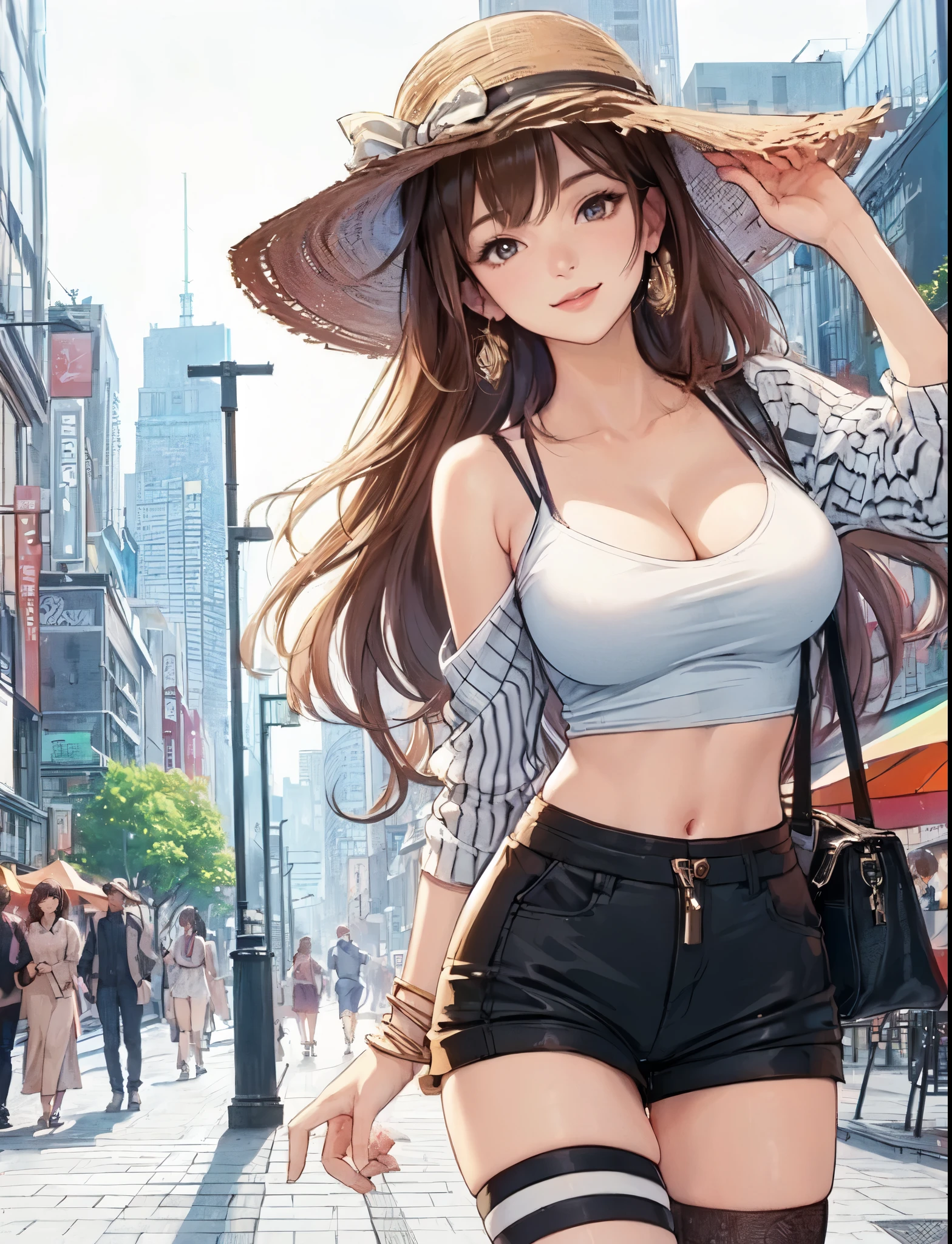 1lady solo, (strolling through city), (stylish outfit) (chic and sporty attire), mature female, /(brown hair/) bangs, kind smile, (masterpiece best quality:1.2) delicate illustration ultra-detailed, large breasts BREAK (holding designer's bag) BREAK (populous downtown) outdoors, noon, crowded, detailed background