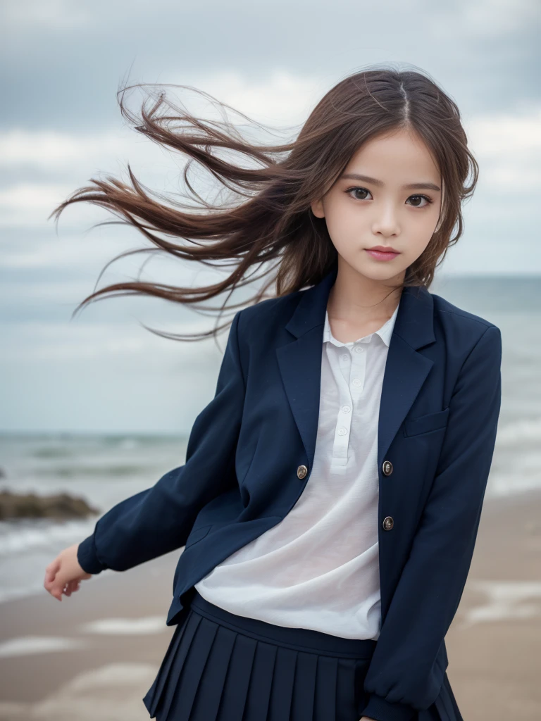 (masterpiece, highest quality:1.4), Award-winning portraits, 8k, 85mm, alone, Beautiful Face, Delicate girl, , (Dark navy blazer jacket, Put your arms behind your back, Close your face:1.2), Dark Navy Skirt, Long sleeve, Sophisticated, cute, , Looking at the audience, 15 yW Photos, Confused, High resolution, Sharp focus, Background blur、(((Flat 、thin and delicate body、Childish atmosphere)))、shiny semi-long hair、ponytail、Mole on the left cheek、 Dark blue eyes、Random Pause、the skirt is swaying in the wind、Hair swaying in the wind、sexy