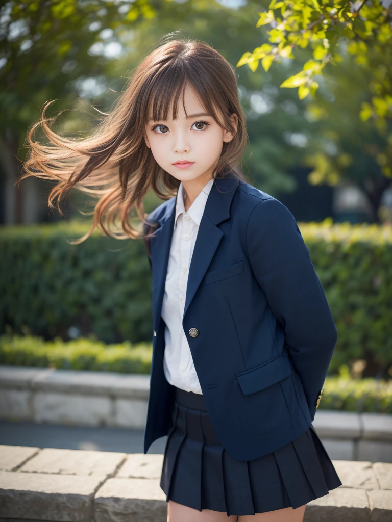 (masterpiece, highest quality:1.4), Award-winning portraits, 8k, 85mm, alone, Beautiful Face, Delicate girl, , (Dark navy blazer jacket, Put your arms behind your back, Close your face:1.2), Dark Navy Skirt, Long sleeve, Sophisticated, cute, Teen, Looking at the audience, 15 years old, RAW Photos, Confused, High resolution, Sharp focus, Background blur、(((Flat 、thin and delicate body、Childish atmosphere)))、shiny semi-long hair、ponytail、Mole on the left cheek、 Dark blue eyes、Random Pause、the skirt is swaying in the wind、Hair swaying in the wind、sexy