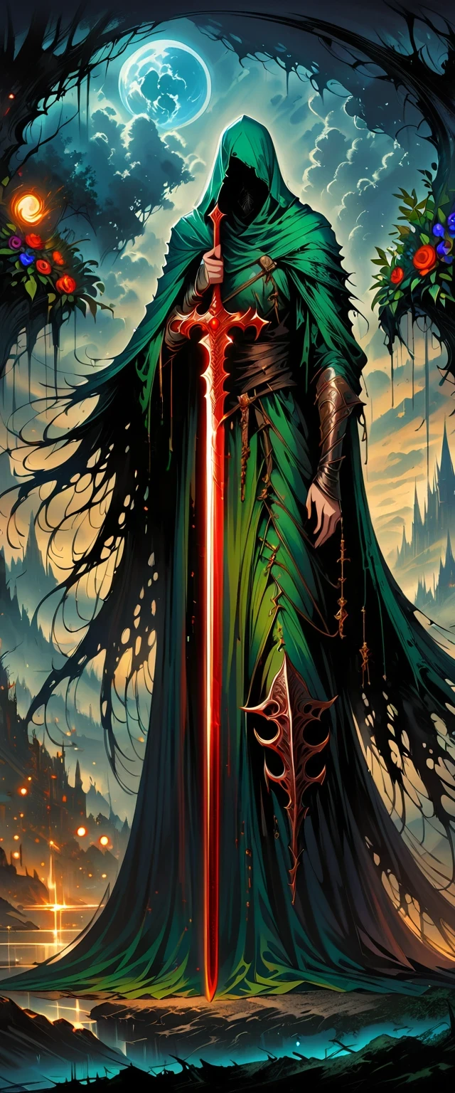 Magic Sword,The legendary Magic Sword,Glory Magic Sword,Magic Sword,Heavy Metal Style,Metal Art,Full of metallic luster,Metal texture in the post-industrial era,Alloy wire crafts,crystal,Emerald setting,Well structured,Perfect craftsmanship,Magic Lightning Background,Blue Lightning,There are fairies,Dark Fantasy Art, dark flower shaman, Dark fantasy concept art, Bloodborne concept art, dark concept art, Diablo digital concept art, Dark Fantasy Art style, dark flowers, Bloodborne Art, photorealistic dark concept art,Dark Fantasy Art, Death Portrait, Onmyoji detailed art, Beautiful wizard, Ominous fantasy illustration,(best quality,4K,8k,high resolution,masterpiece:1.2),Ultra Detailed,(actual,Realistically,Realistically:1.37),landscape,Science fiction,photography,Concept Artist, High Dynamic Range,Ultra HD,Studio Lighting,very good,Key Points,Physically Based Rendering,Extremely detailed description,professional,Vibrant colors,Bokeh.