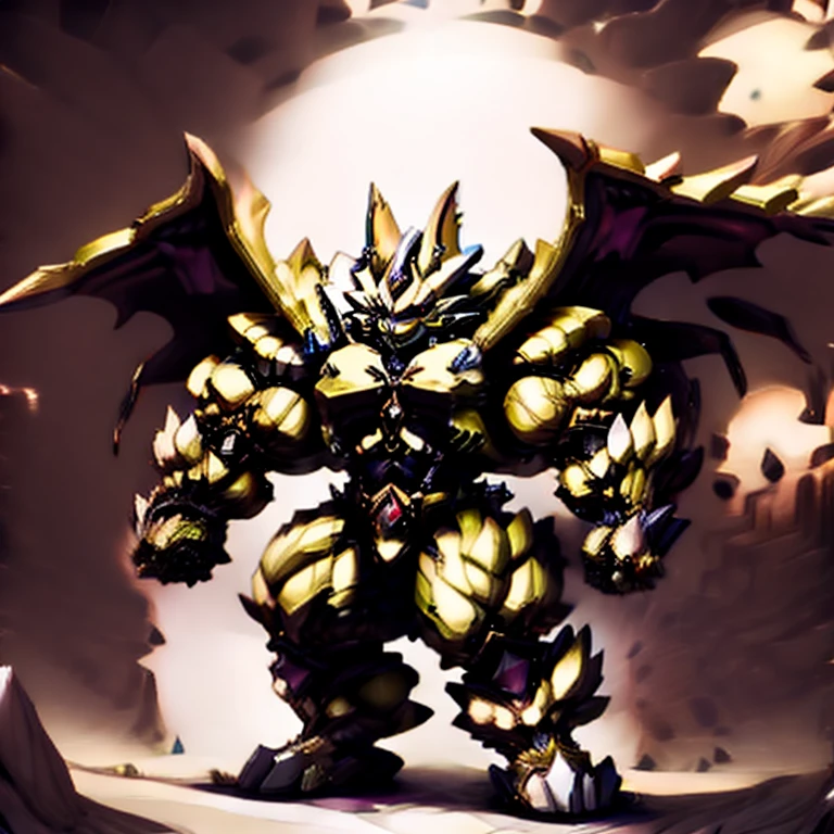Zeraora's giant robot. (masterpiece, best quality, detailed:1.2) (Pokémon) Powered exoskeleton with the same design as Zeraora big muscle, GIANT, pecs, triceps, traps, waist narrow. bulge in the crotch, with huge golden laser sword, body full of huge muscles. also have a cloak on my back. The cloak is so long that it touches the ground, showing off muscles, mechs, Correct limbs, detailed full body, Very muscular, Large pecs, Heavyweight, Bodybuilder figure, Wearing cyberpunk mecha, big bump, sparkling skin, Vibrant colors, 4K, realism, Don't stray too far from Zeraora's design, Furry Heroes, Main is yellow COLOR, have big wings.