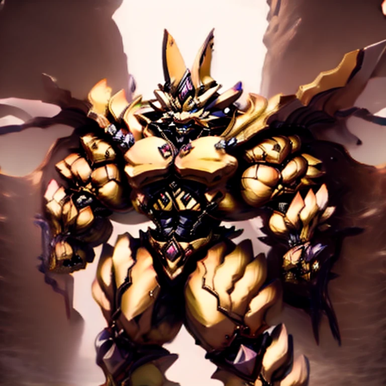 Zeraora's giant robot. (masterpiece, best quality, detailed:1.2) (Pokémon) Powered exoskeleton with the same design as Zeraora big muscle, GIANT, pecs, triceps, traps, waist narrow. bulge in the crotch, with huge golden laser sword, body full of huge muscles. also have a cloak on my back. The cloak is so long that it touches the ground, showing off muscles, mechs, Correct limbs, detailed full body, Very muscular, Large pecs, Heavyweight, Bodybuilder figure, Wearing cyberpunk mecha, big bump, sparkling skin, Vibrant colors, 4K, realism, Don't stray too far from Zeraora's design, Furry Heroes, Main is yellow COLOR, have big wings.

